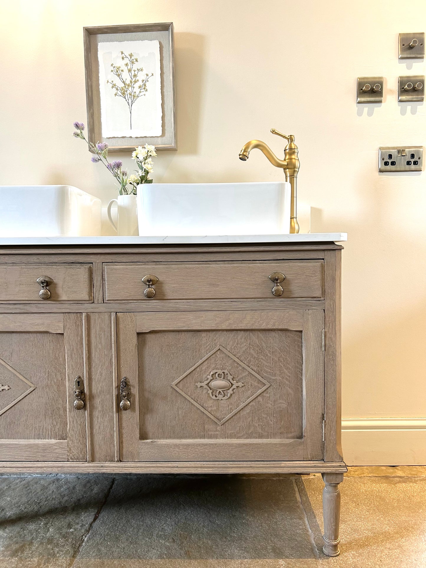 Vintage Double Vanity Sink. Solid Weathered Oak. Quartz/Marble top with Upstand.