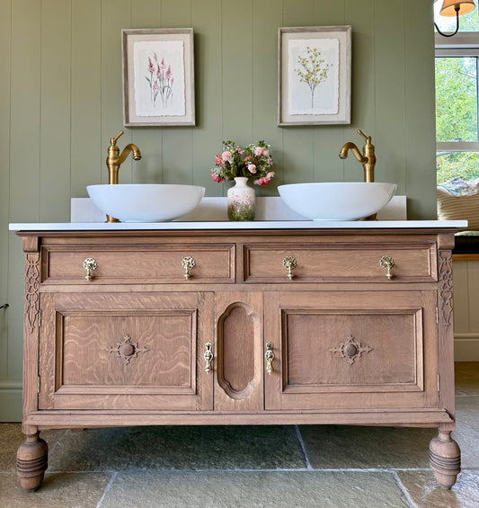 Vintage Mid Oak Vanity Sink, Quartz top, Upstand and two basins. (138cm wide)