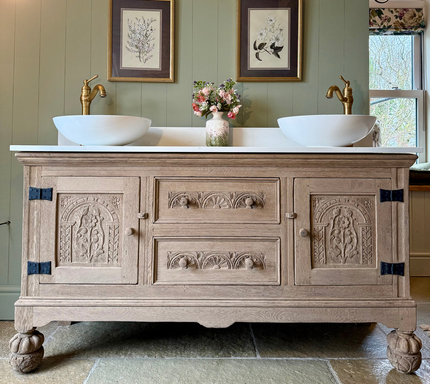 Vintage Solid Oak Double Vanity Sink Unit, Quartz Top, Upstand and two basins