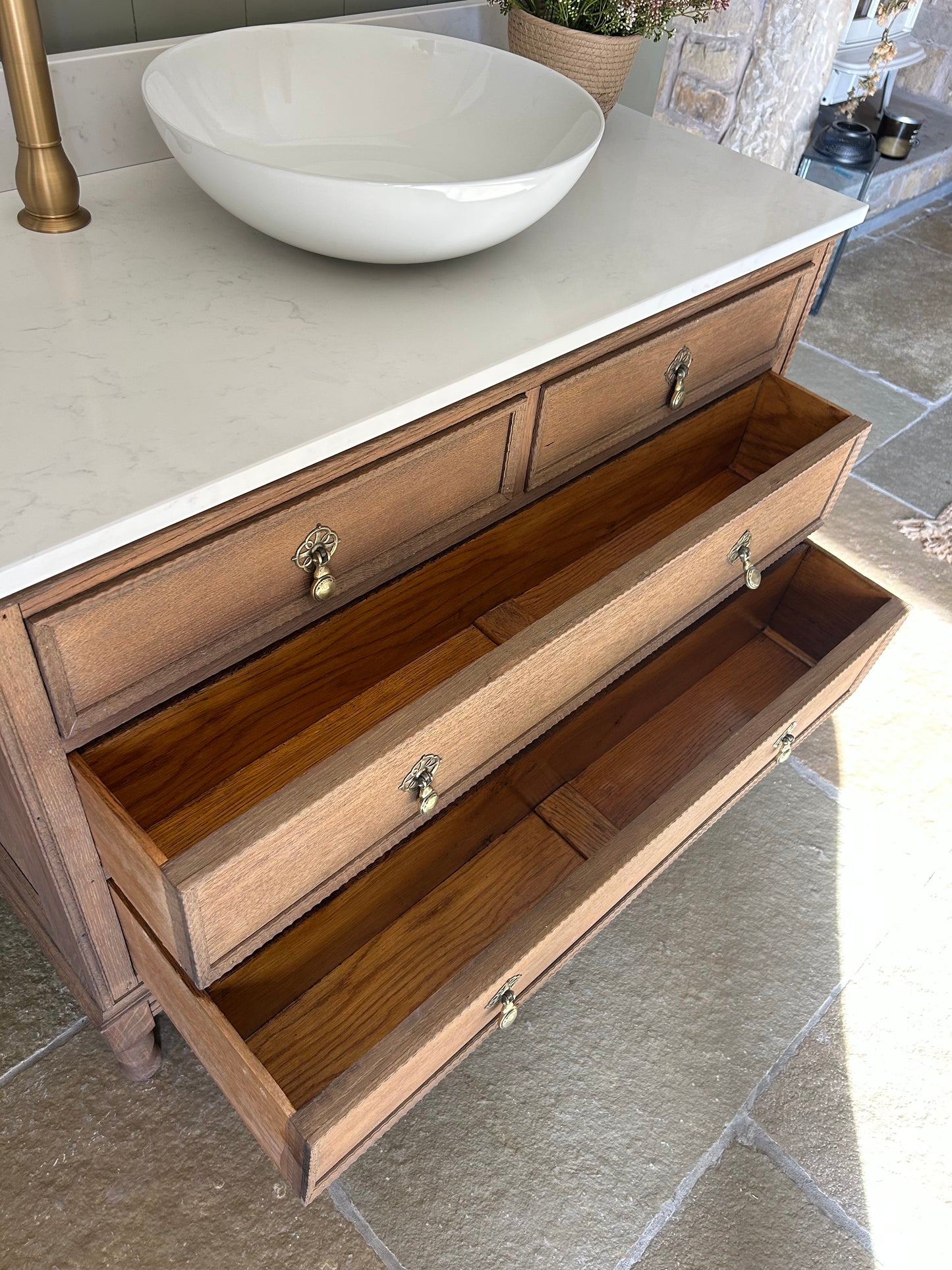 Solid Oak Vanity Sink finished in a warm oak with quartz top, Upstand and basin. 107cm wide