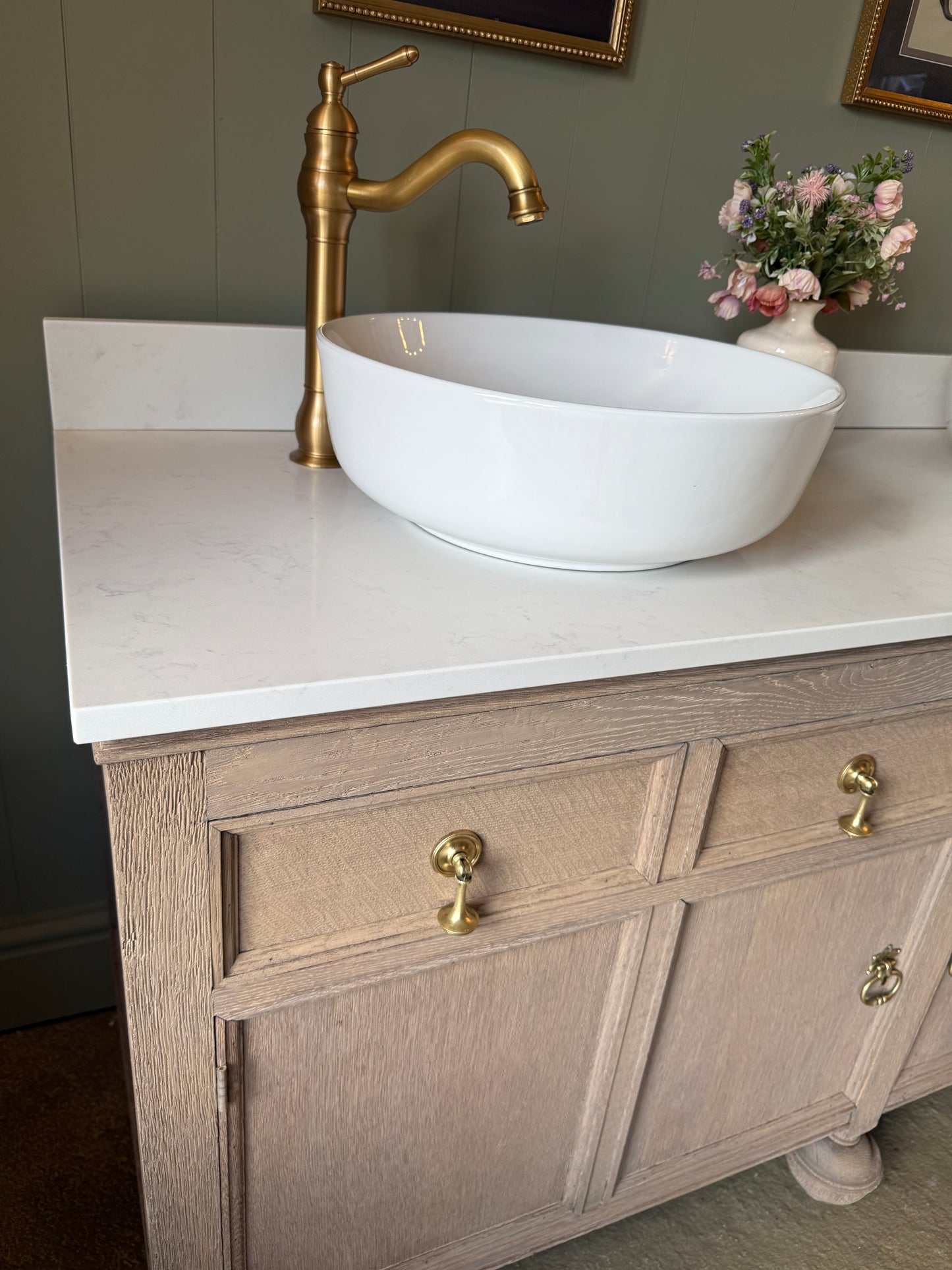 Large Vintage Oak Double Vanity unit, Carrara Quartz top, Upstand and two basins (154.5cm)