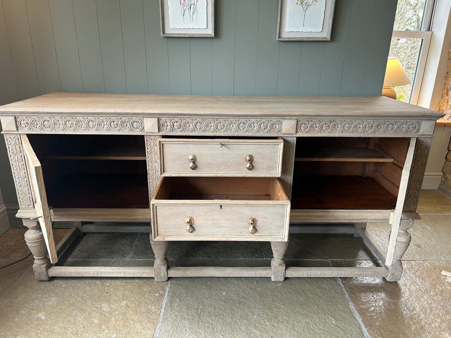 Antique Large Solid Oak Sideboard finished in a light weathered oak