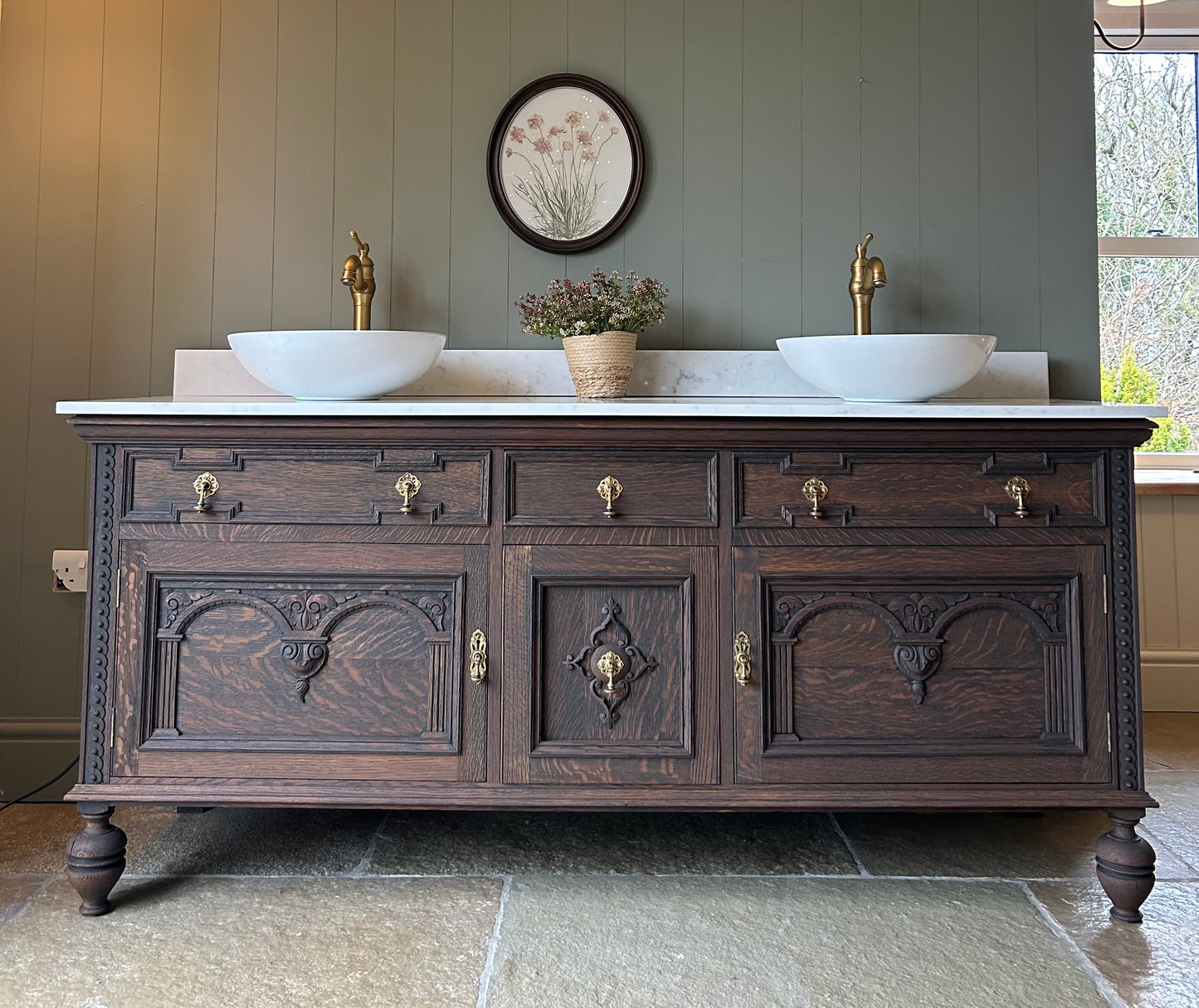 Large Vintage Double Vanity Sink 185cm in Dark Oak, Quartz top, Upstand and Basins