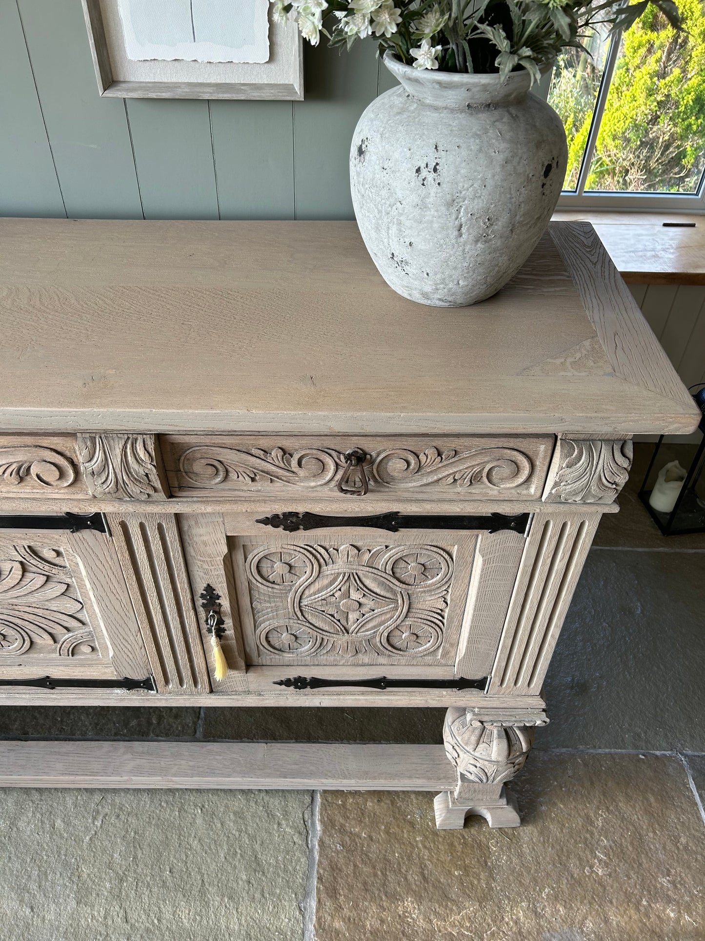 Large Ornate Carved Rustic Antique Sideboard.