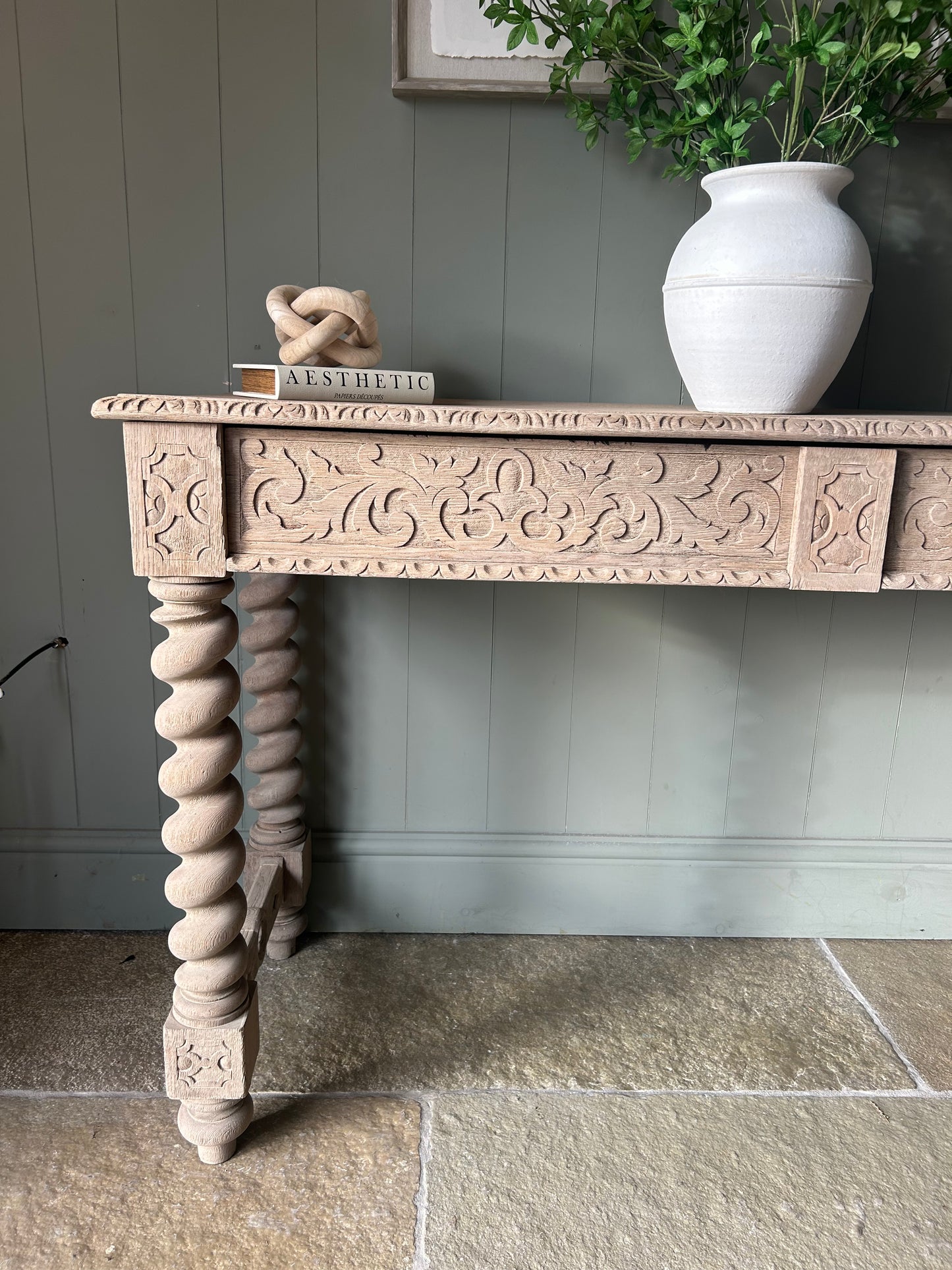 Large Carved Oak Console Table on symmetrical twist legs. 138cm Wide