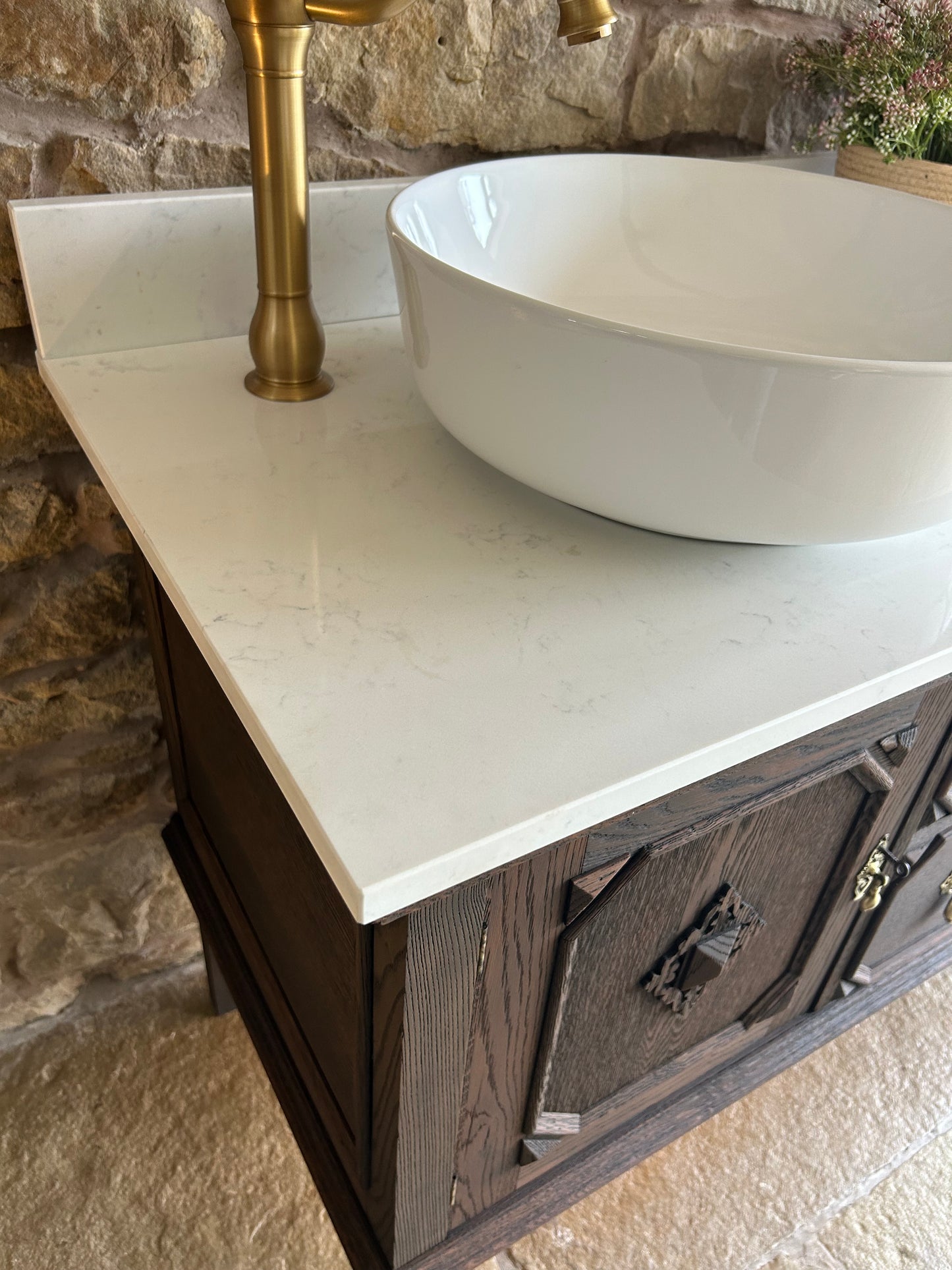 Classic Dark Solid Oak Double Vanity with Quartz top, Upstand and basins. (154cm wide)