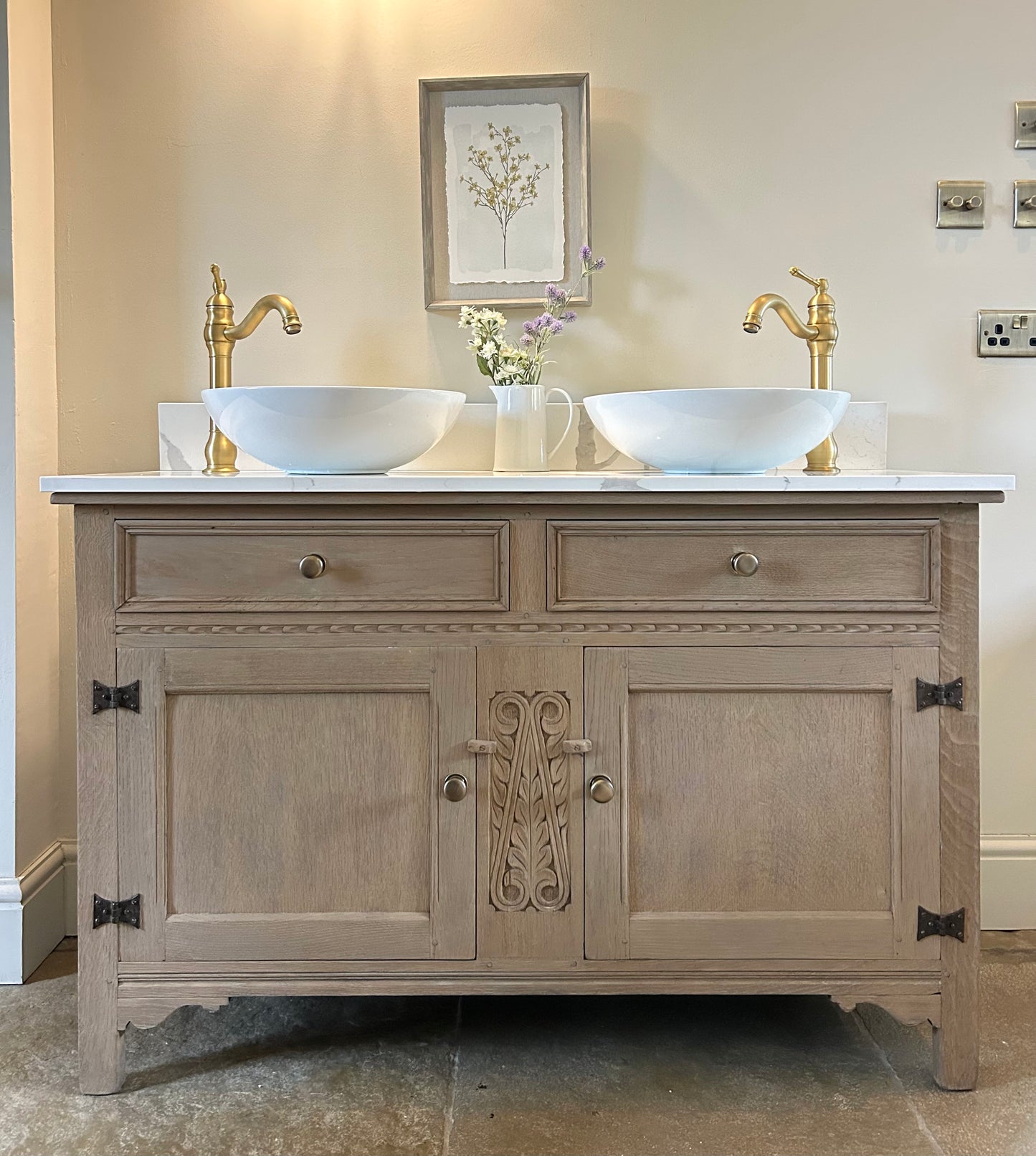 Large Vintage Weathered Oak Double vanity sink with quartz / marble top. 129cm wide