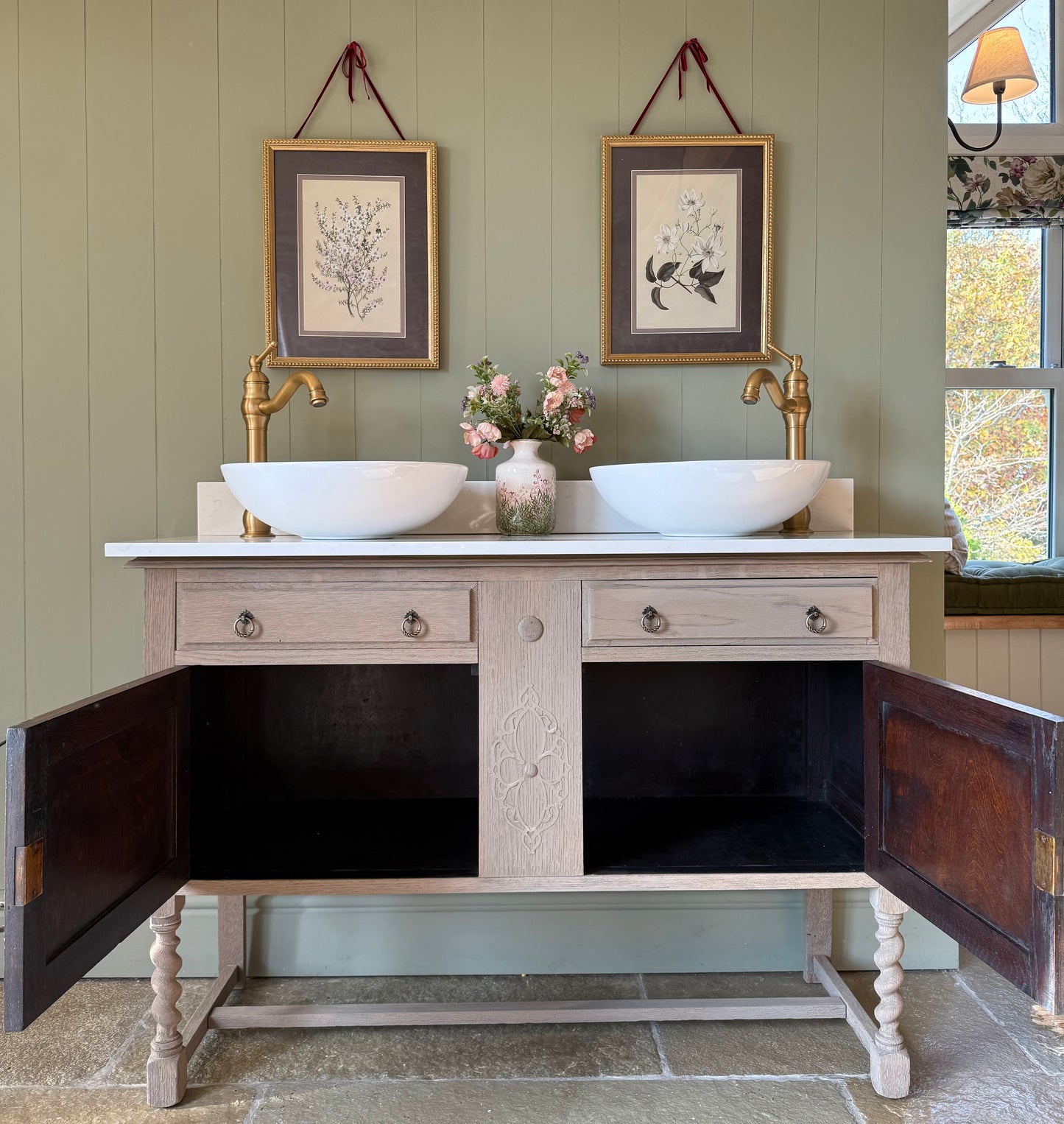 Light oak Vintage Double or Single Vanity Sink Unit, Quartz top, Upstand.