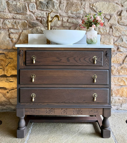 Classic Dark Oak Vanity Sink, Quartz Top, Upstand and basin (79cm wide)
