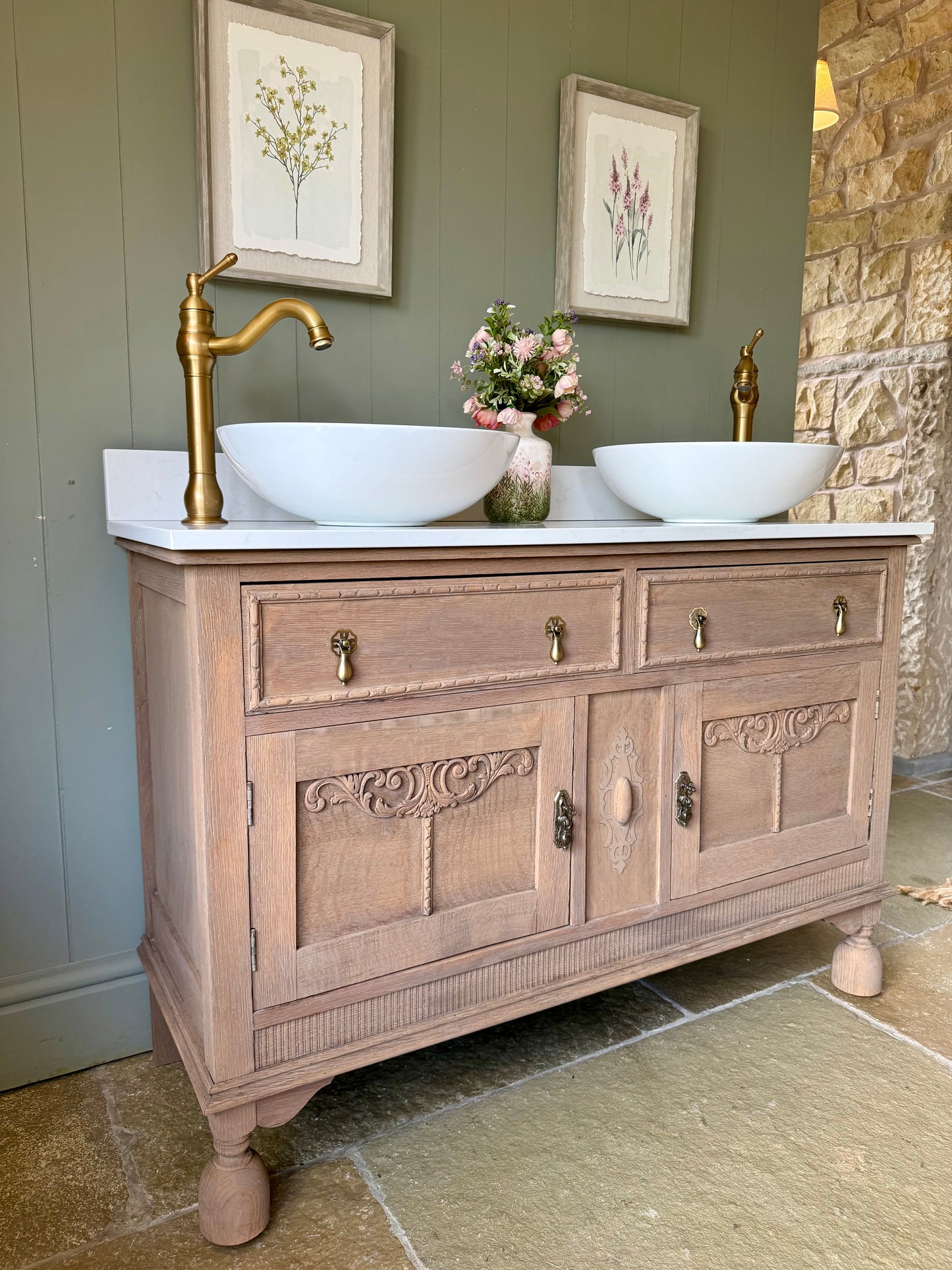 Pretty Solid Oak Vintage Double Vanity Sink, Carrara Quartz top, Upstand and two basins (124cm wide)
