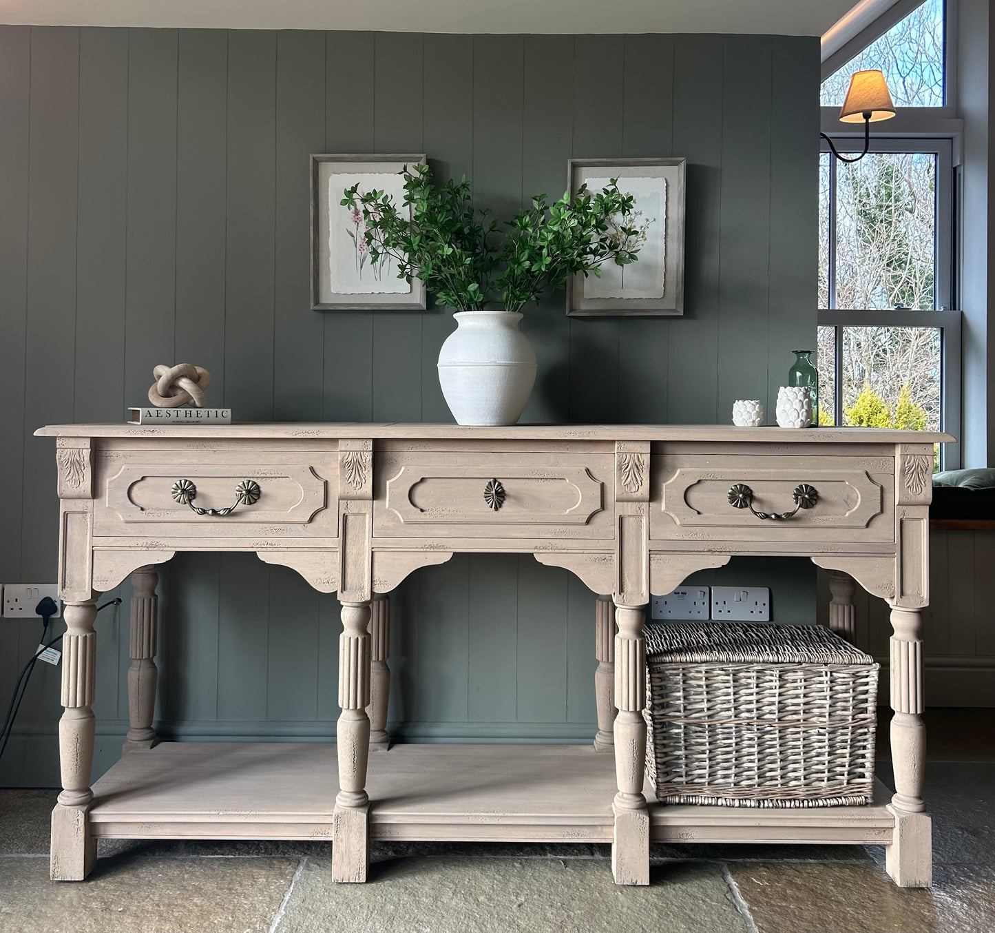 Large rustic Console Table finished in a light weathered oak.