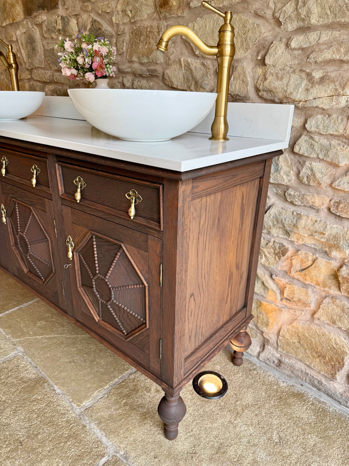 Large Vintage Vanity Sink in a Classic Dark Oak, Quartz Top, Upstand and Two Basins (154cm)