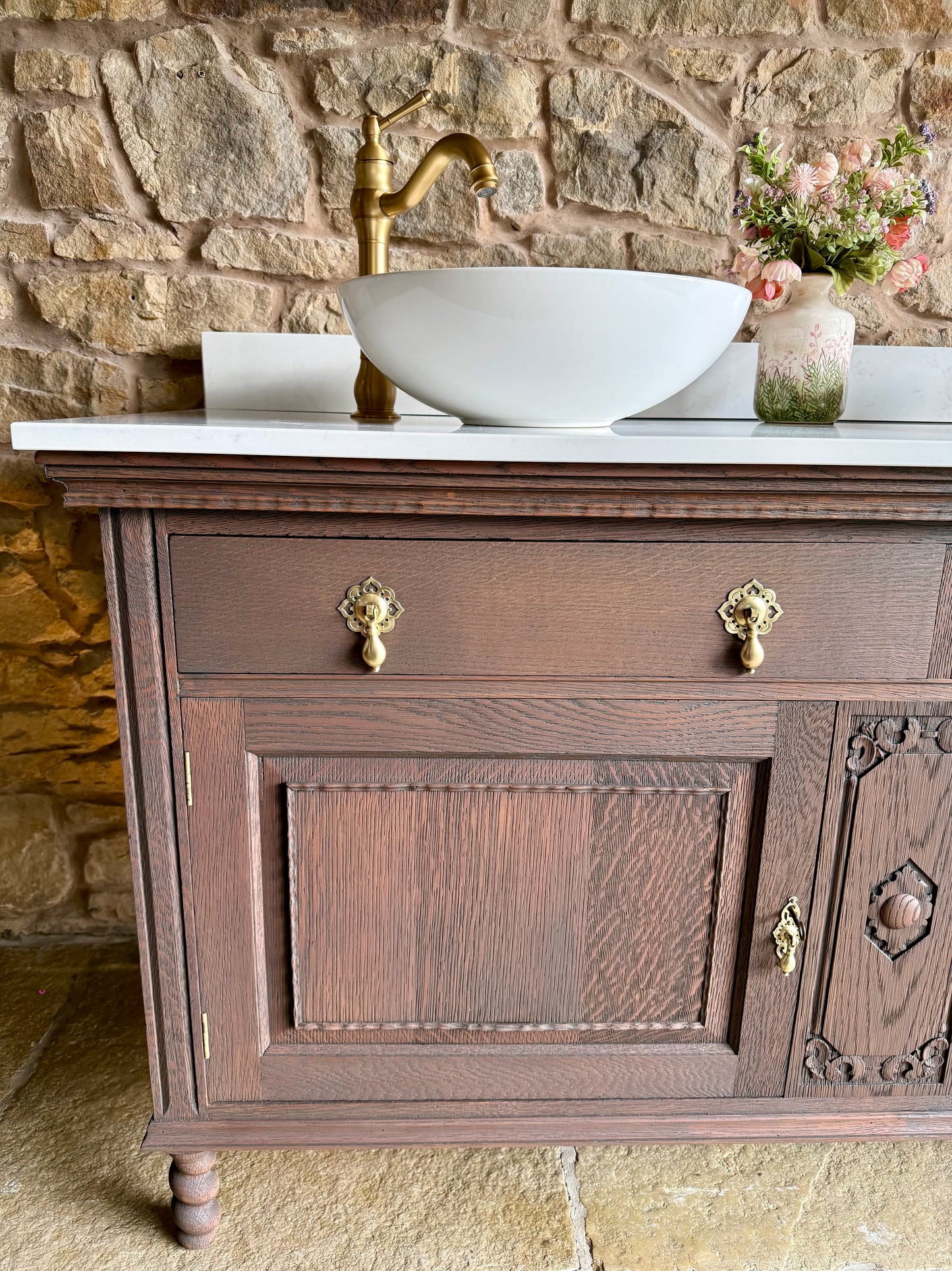 Vintage Solid Oak Vanity Sink, in a Classic Dark Oak, Quartz Top, Upstand and two basins