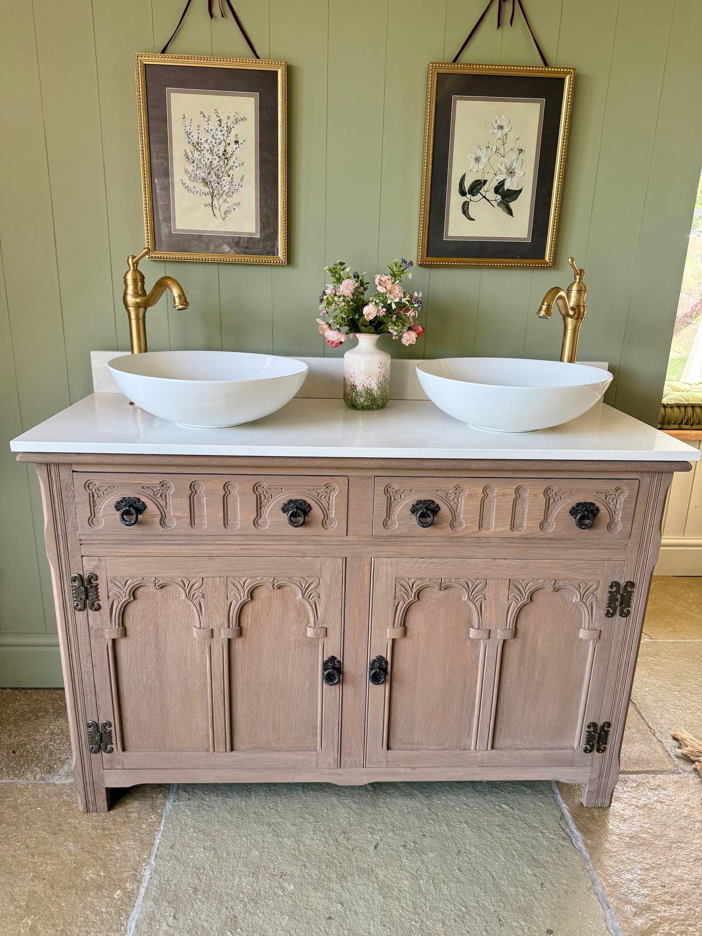 Beautiful Oak Vanity Sink, Carrara Quartz top, Upstand and two basins. (128 cm wide)