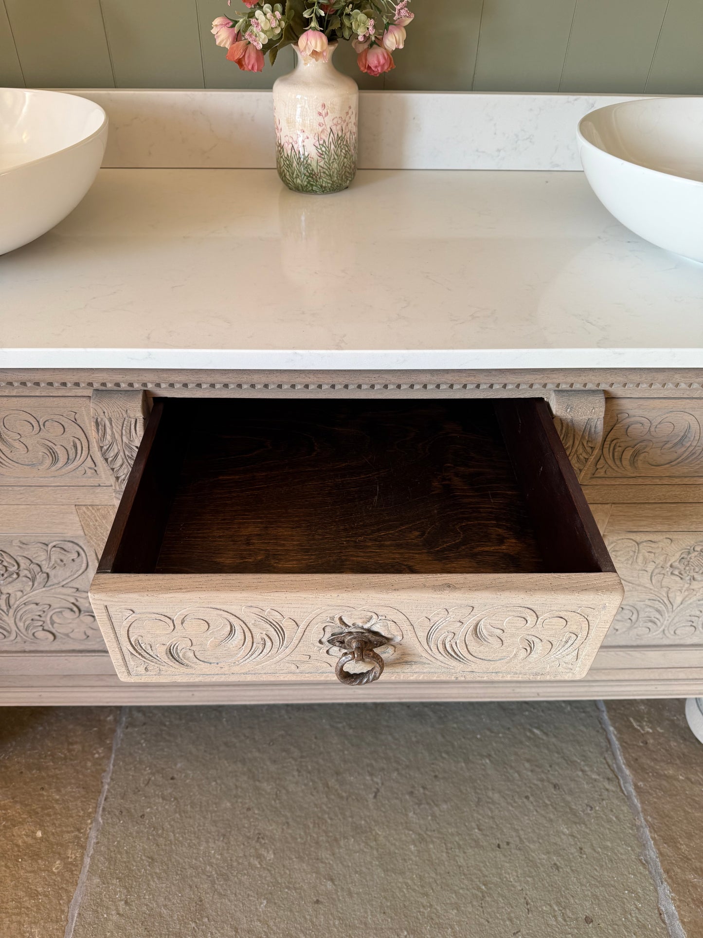 Solid Oak Vintage Double Vanity Sink Unit, Quartz top, Upstand and two basins