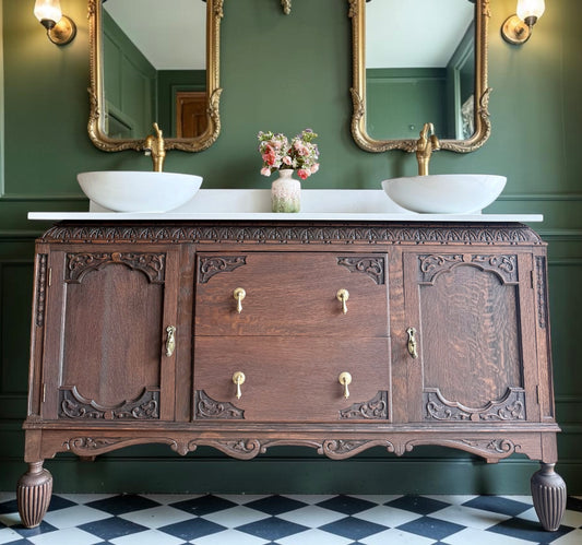 Heritage Dark Oak Vanity Unit, Quartz Top, Upstand and two basins (153cm)