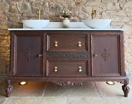 Beautiful Carved Oak Double Vanity Sink, Quartz Top, Upstand and two basins. (150.5cm)