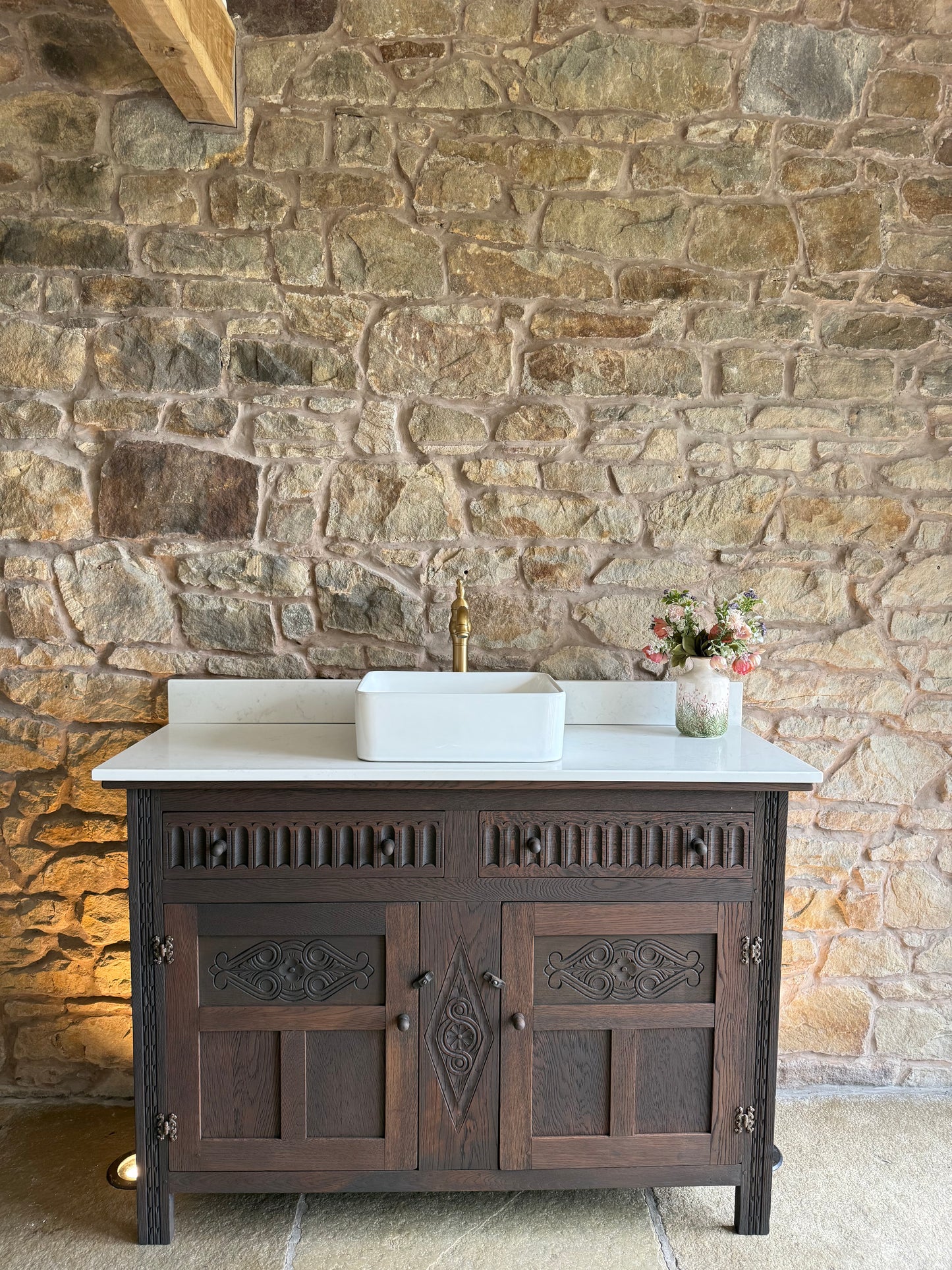 Vintage Classic Dark Oak Vanity Sink Unit, Carrara Quartz top, Upstand and Basin (132cm wide)