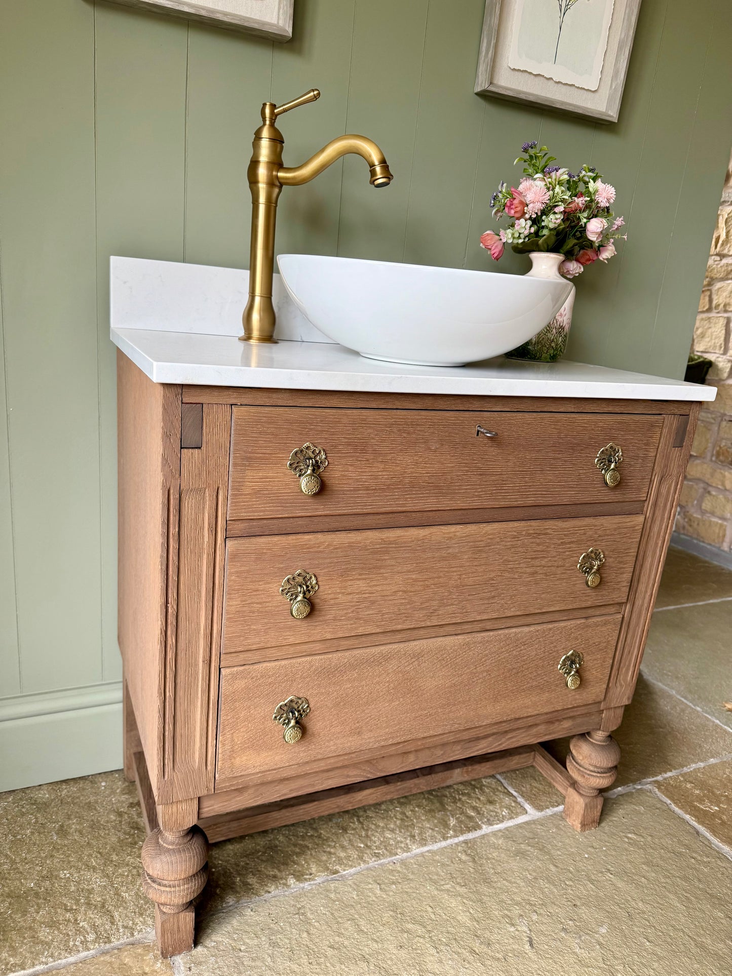 Vintage Oak Vanity Sink, Quartz top, Upstand and basin (77cm wide)