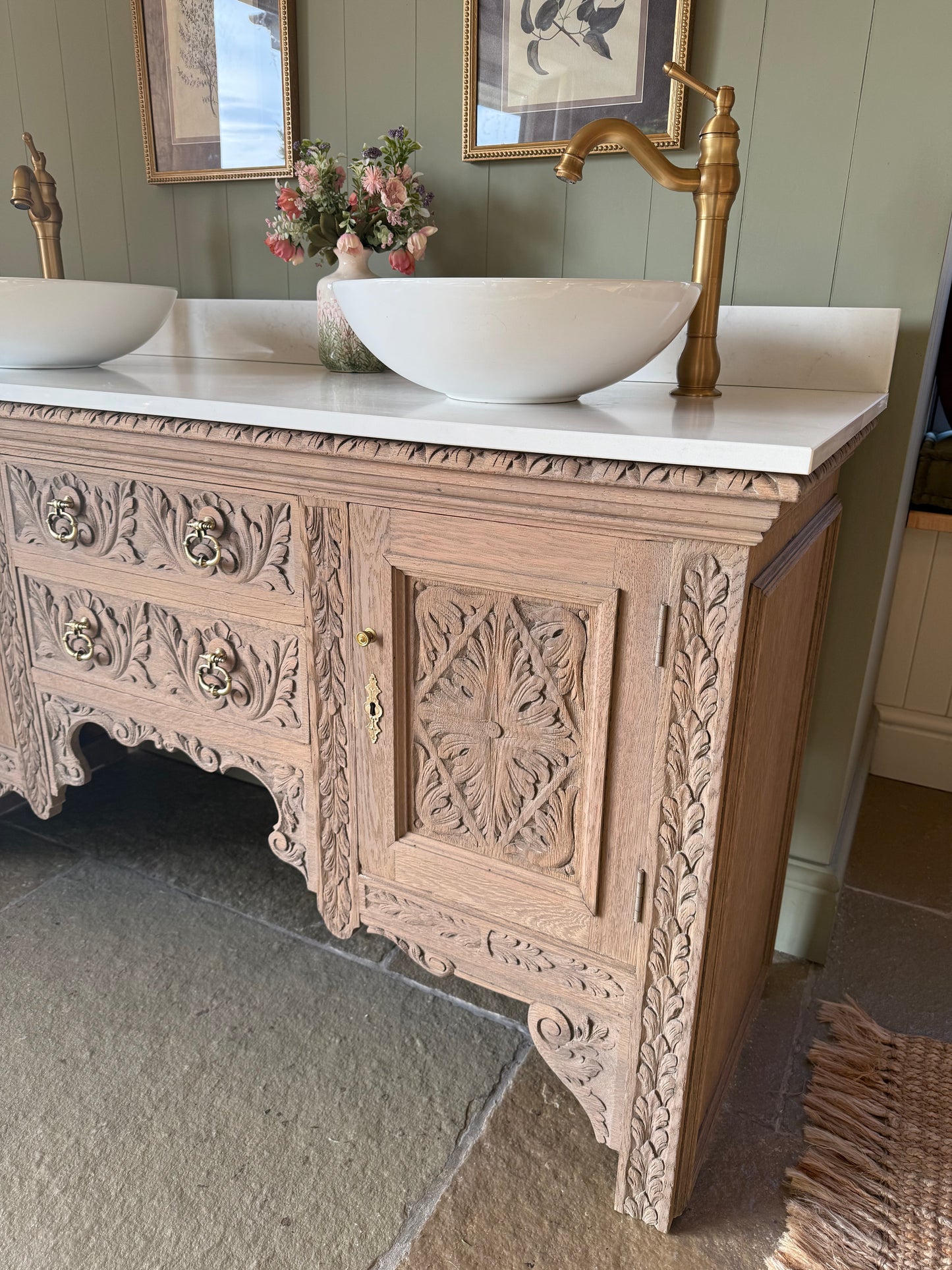Large Pretty Antique Carved Oak vanity Sink, Carrara Quartz top, Upstand and two basins (154cm wide)