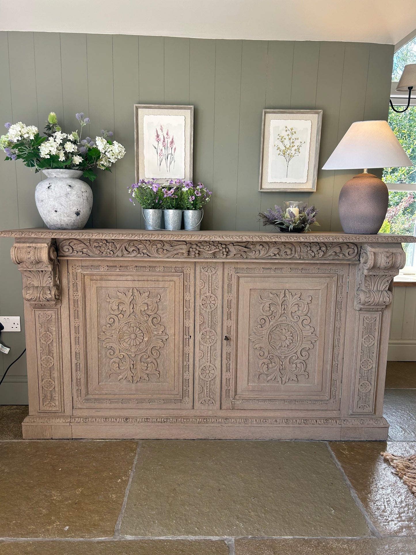 Ornate antique Sideboard Console Solid Oak finished in a light weathered oak style.