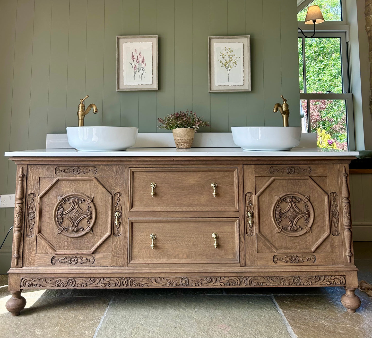 Extra Large Double Vanity Sink. Solid Oak finished in Mid Oak. Carrara Quartz top, Upstand and two basins. (187cm wide)