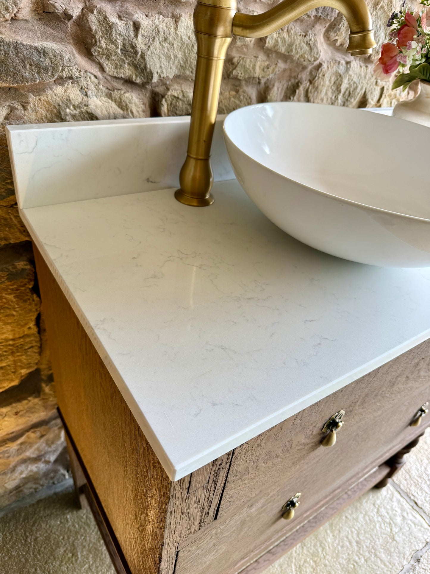 Vintage Oak Vanity Unit Quartz Top Upstand and Basin (79cm wide)