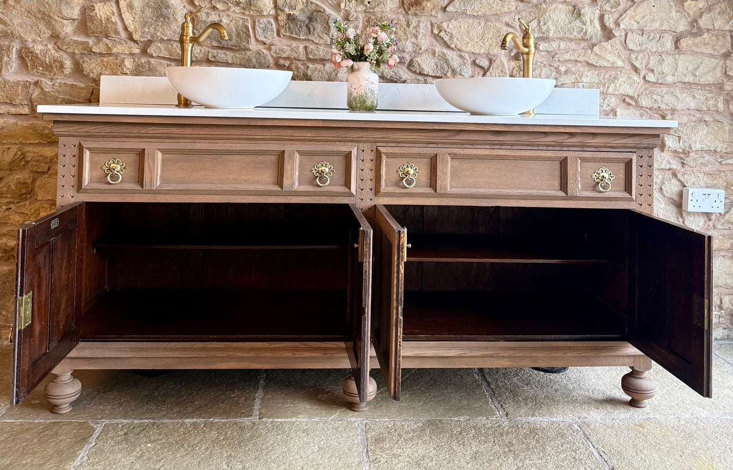 Large Solid Oak Double Vanity Sink Unit, Quartz Top, Upstand and Two Basins (185cm wide)