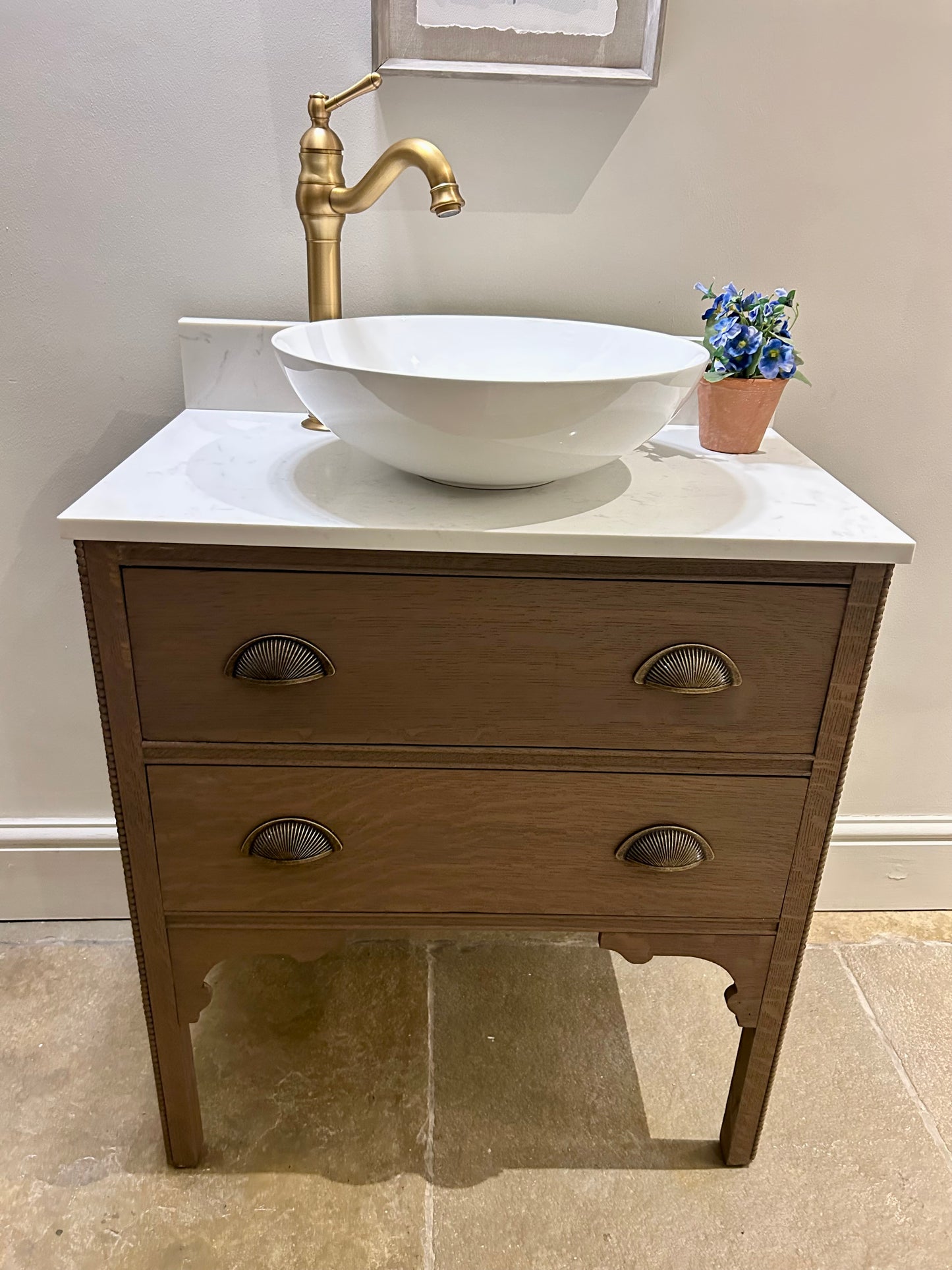 Small Vanity Sink in Warm Oak with quartz top, Upstand and countertop basin. 69.5 cm width