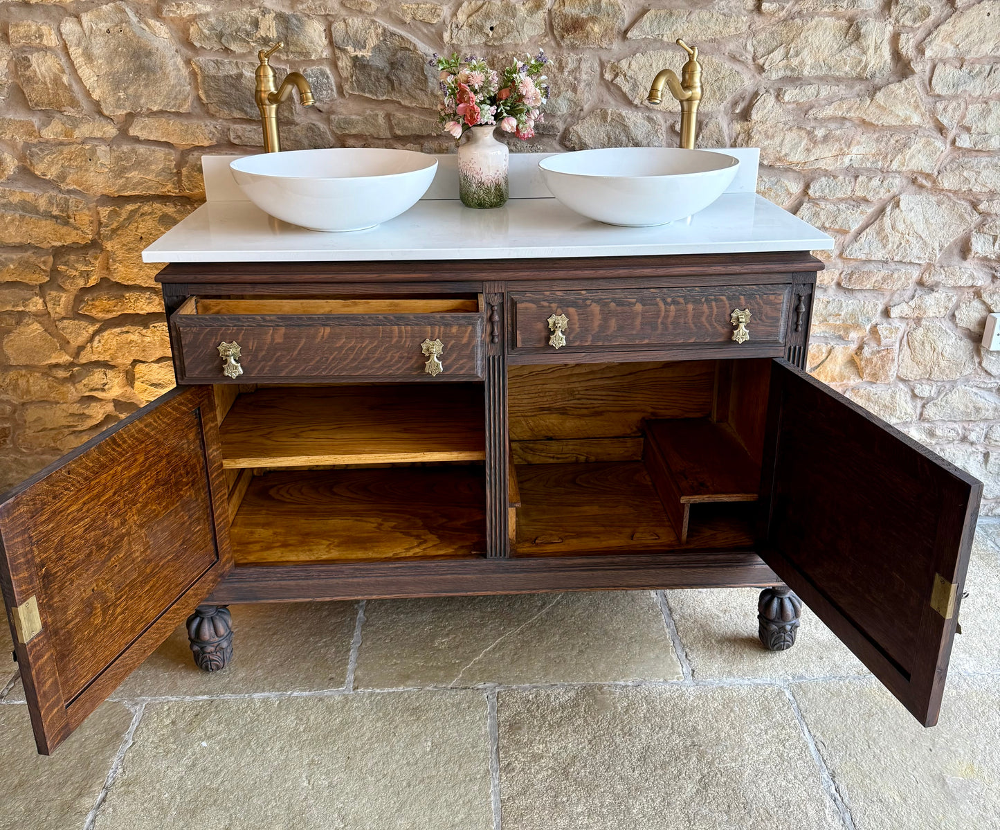 Vintage Ornate Solid Oak Double Or Single Vanity Sink Unit, Carrara Quartz Top, Upstand and two basins (126cm wide)