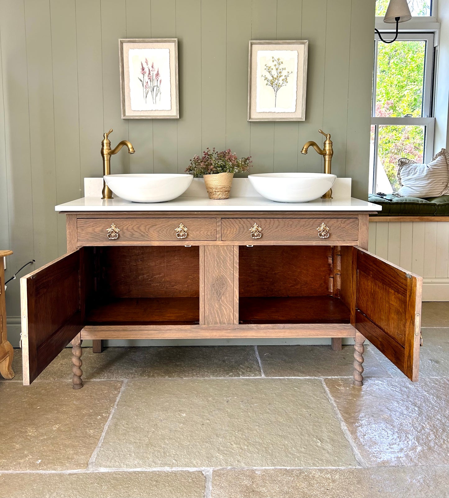 Mid Oak Vintage Double Vanity Sink, Carrara quartz top, two basins and upstand. (139cm wide)