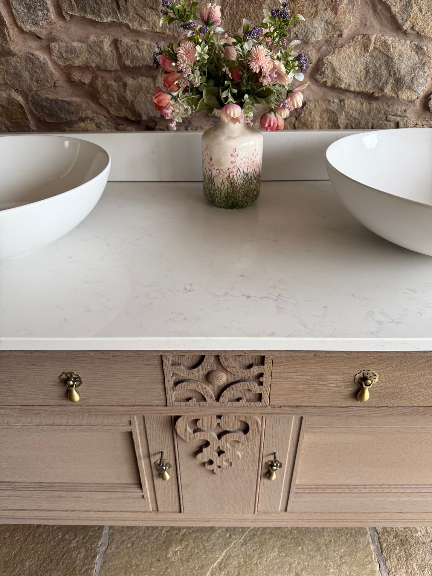 Vintage Oak Double Vanity Sink Unit, Carrara Quartz Top, Upstand and Basins (154cm wide) Finished in a Light Oak