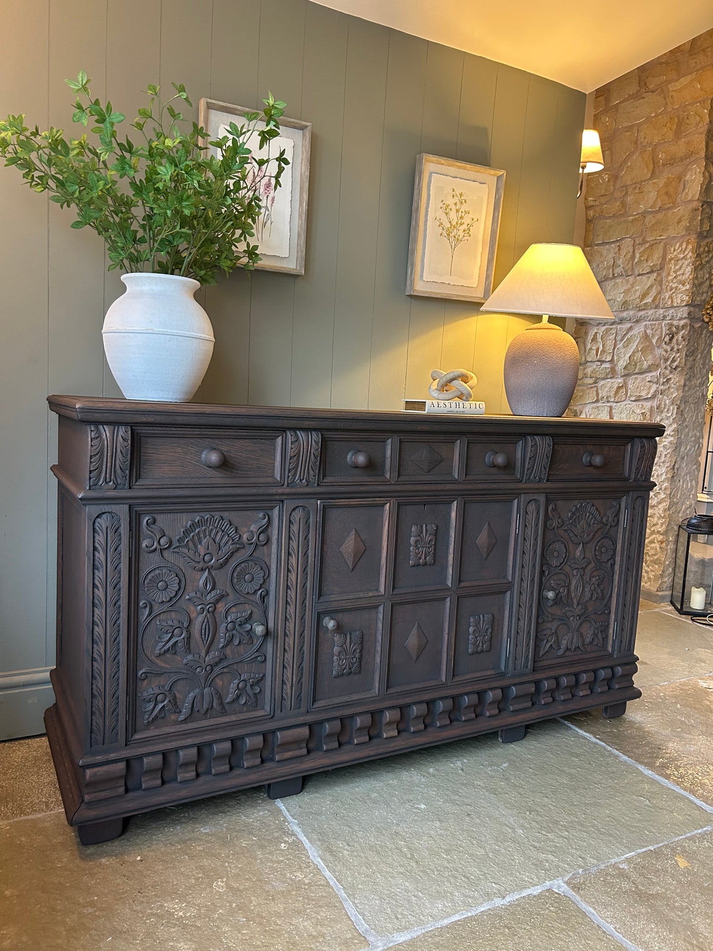 Large Antique Dark Oak Sideboard. Solid Oak