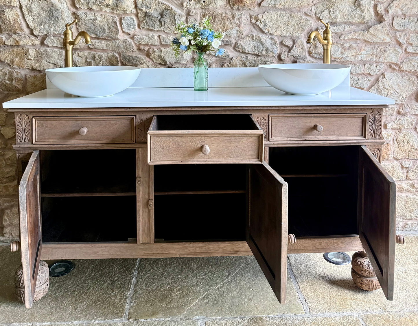 Rustic Antique Oak Vanity Sink Unit, Carrara Quartz Top, Upstand and Two Basins