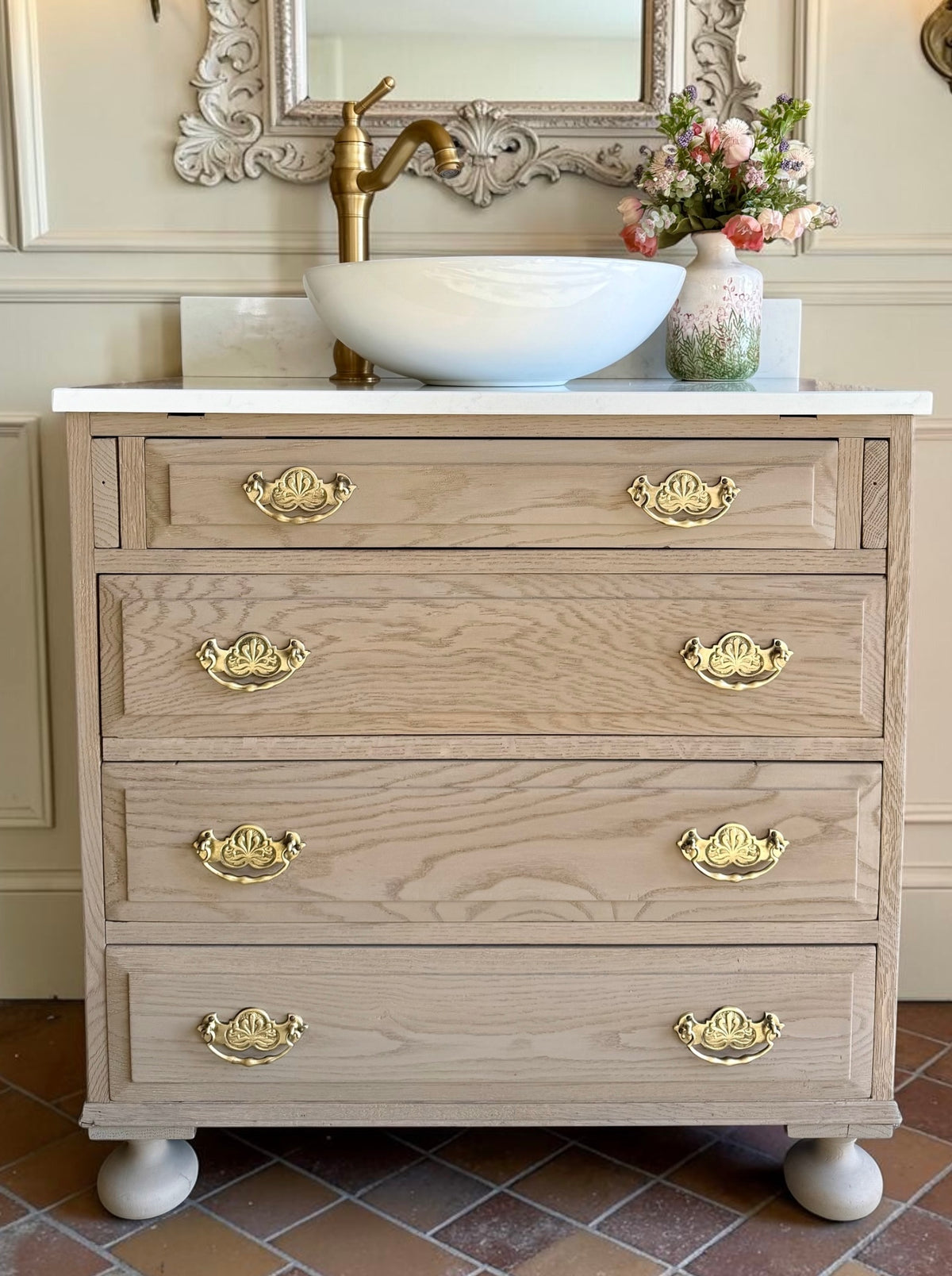 Single Vintage Oak Vanity Unit, Quartz Top, Upstand and Basins (78cm wide)