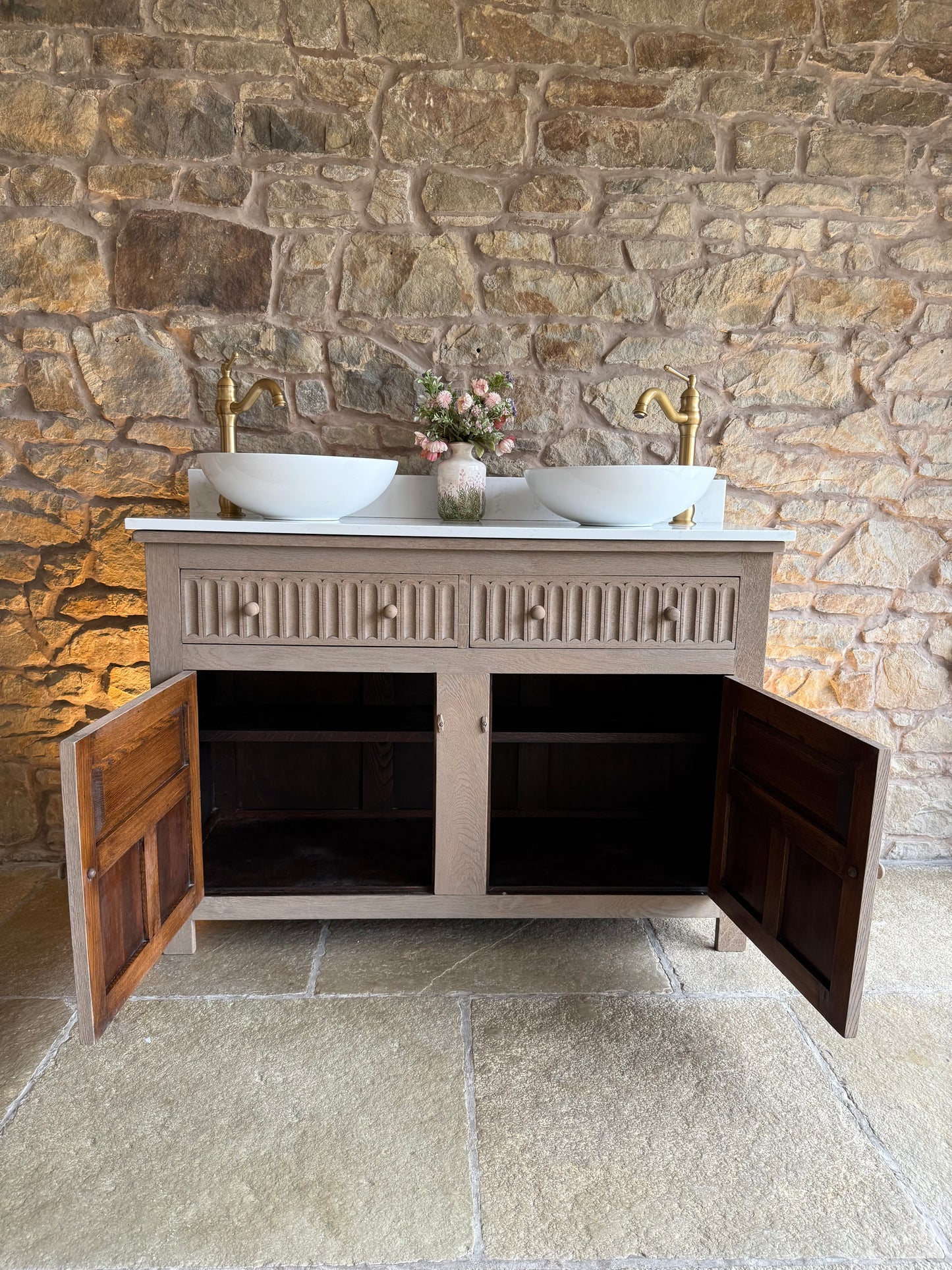 Solid Oak Double Vanity Sink Unit, Quartz Top, Upstand and two basins. (127cm wide)
