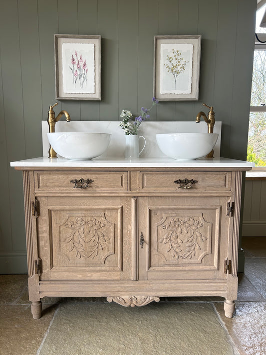 Vintage Double Vanity Sink with Marble / Quartz top and Upstand.
