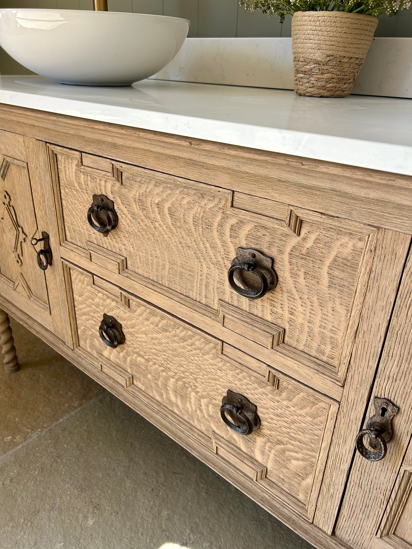 Light Oak Double Vanity Sink, quartz top, Upstand and two basins.