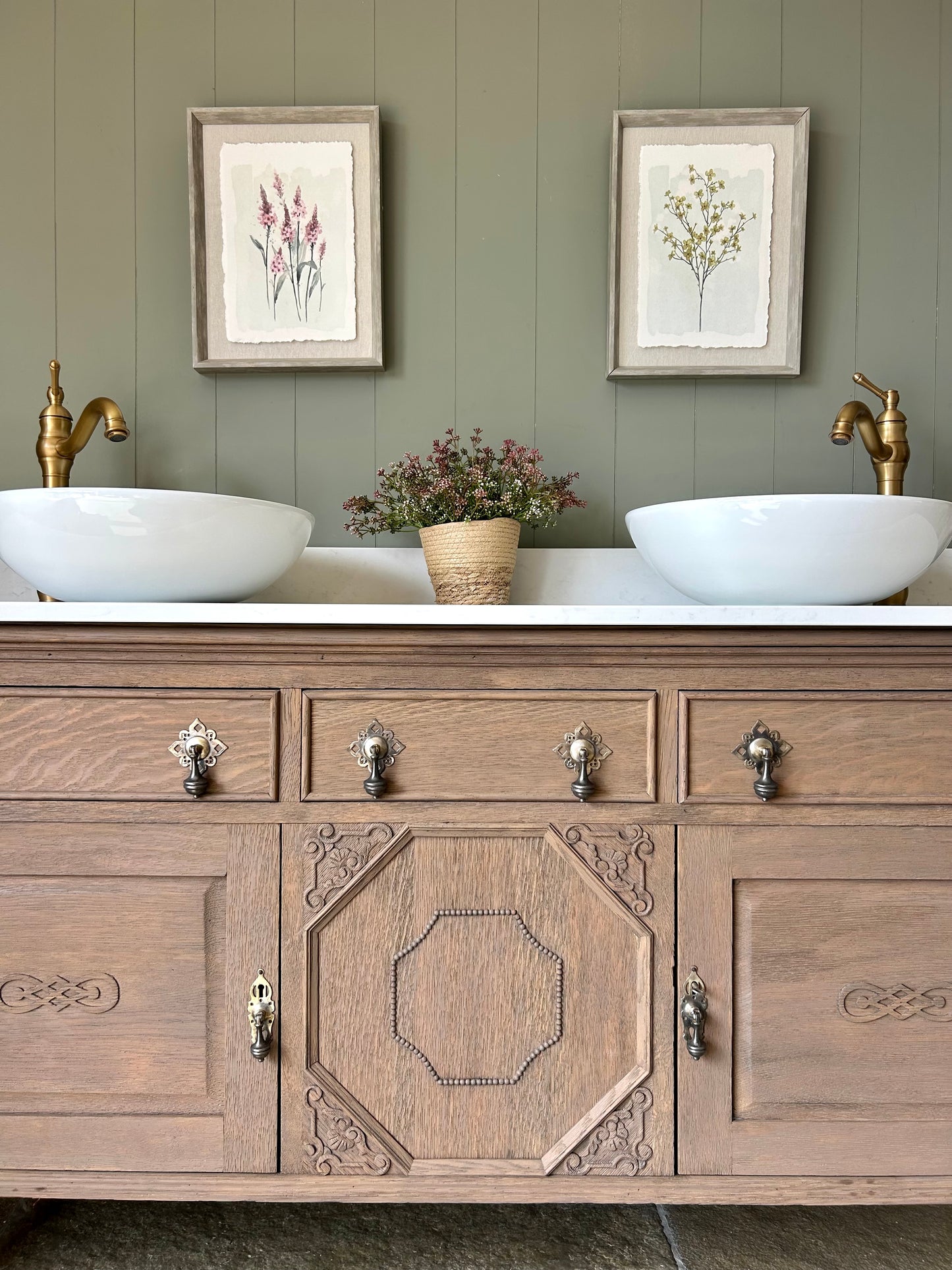 Vintage Solid Oak Double Vanity Sink in a Mid Warm Oak. Quartz top, Upstand and two basins. (155.5cm wide)