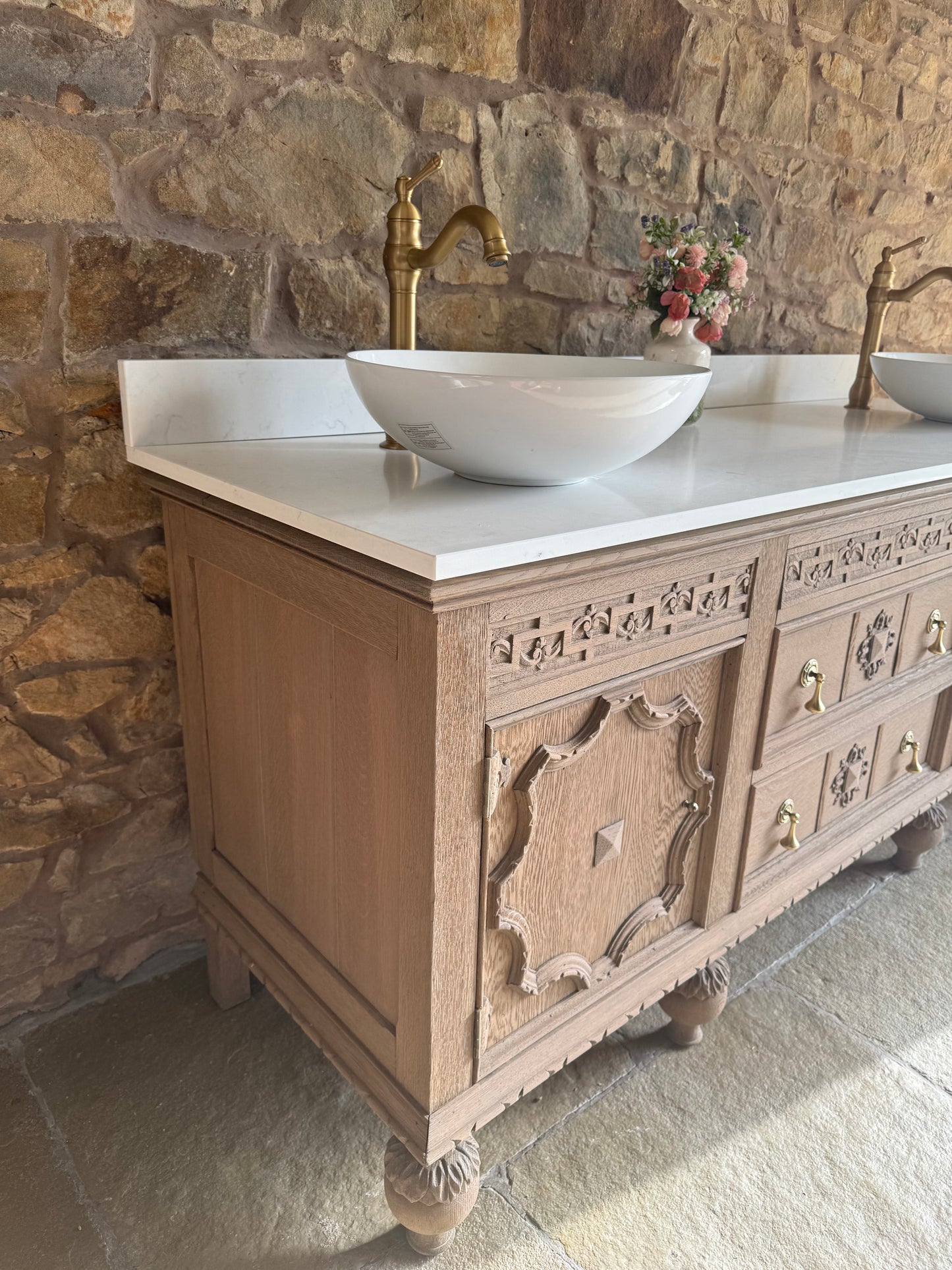 Rustic Large Double Vanity Sink Unit, Quartz top, Upstand and two basins (185cm wide)