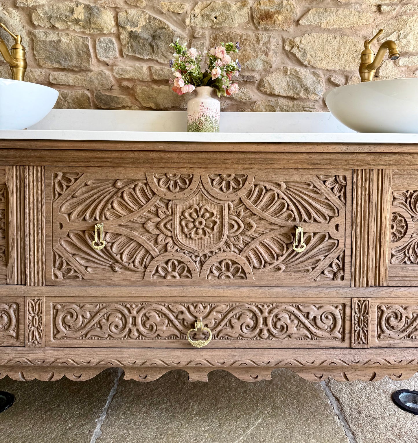 Large Ornate Warm Oak Vintage Vanity Sink Unit, Carrara Quartz Worktop, Upstand and Two Basins (185cm wide)