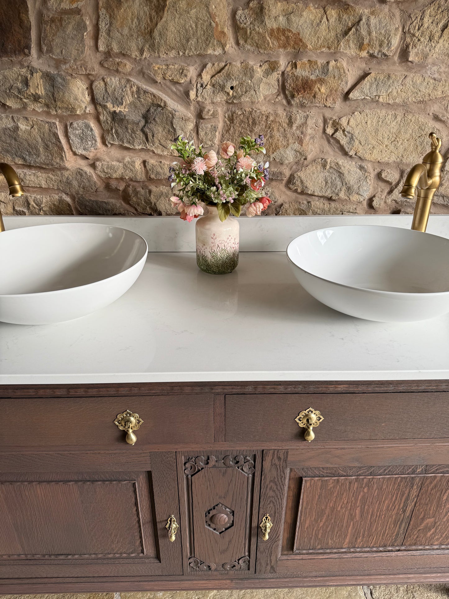 Vintage Solid Oak Vanity Sink, in a Classic Dark Oak, Quartz Top, Upstand and two basins