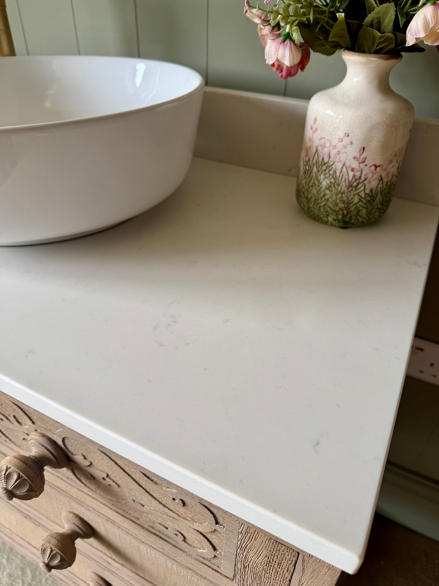 Ornate Light Oak Vanity Sink, Carrara Quartz top, Upstand and basin (90.5cm wide)