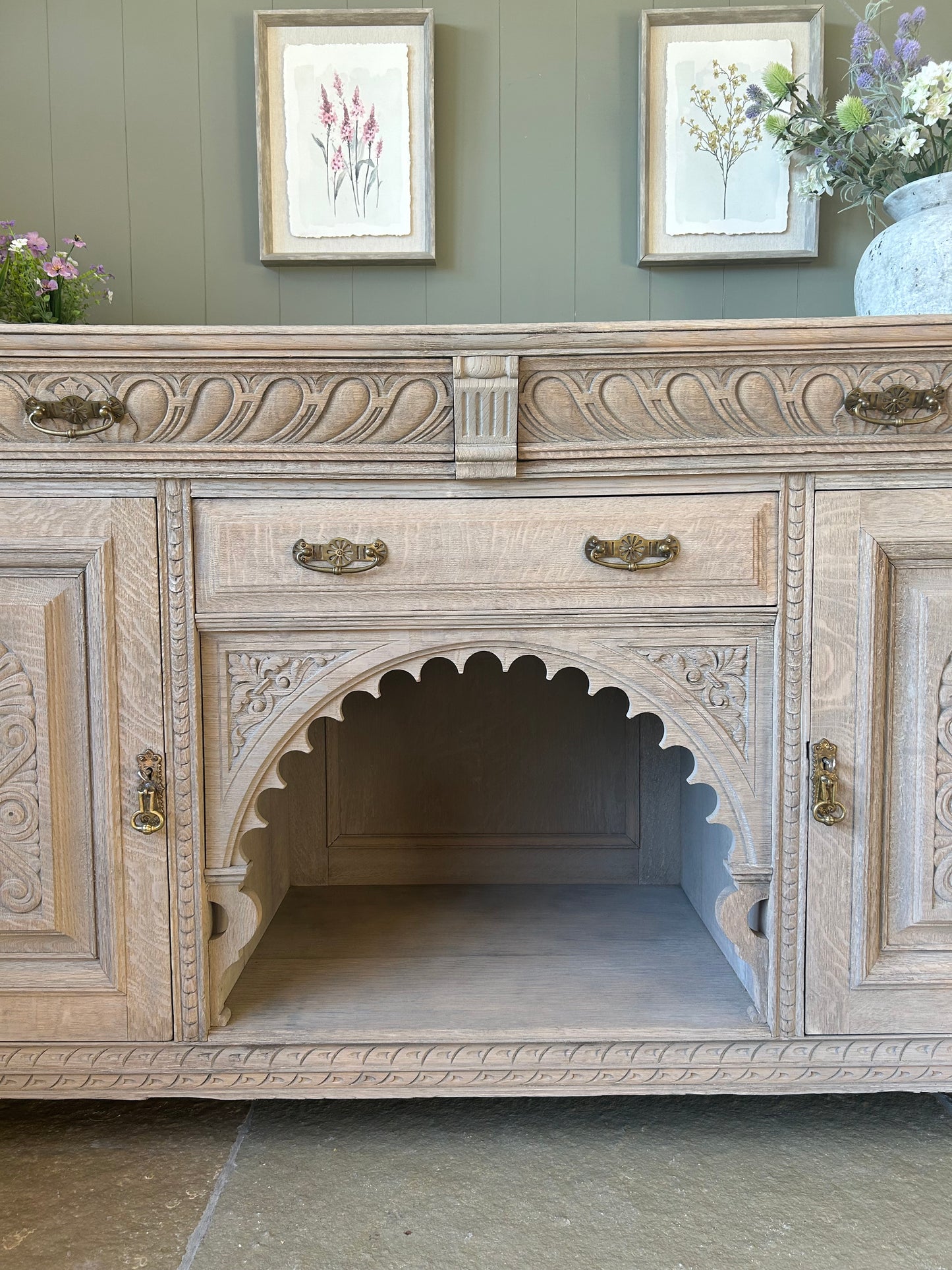 Large Vintage Weathered Oak Sideboard with Ornate Detailing.