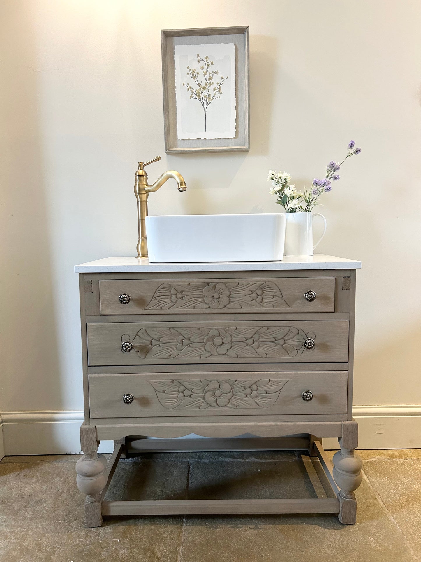 Vintage Floral Oak Vanity Sink Marble Top