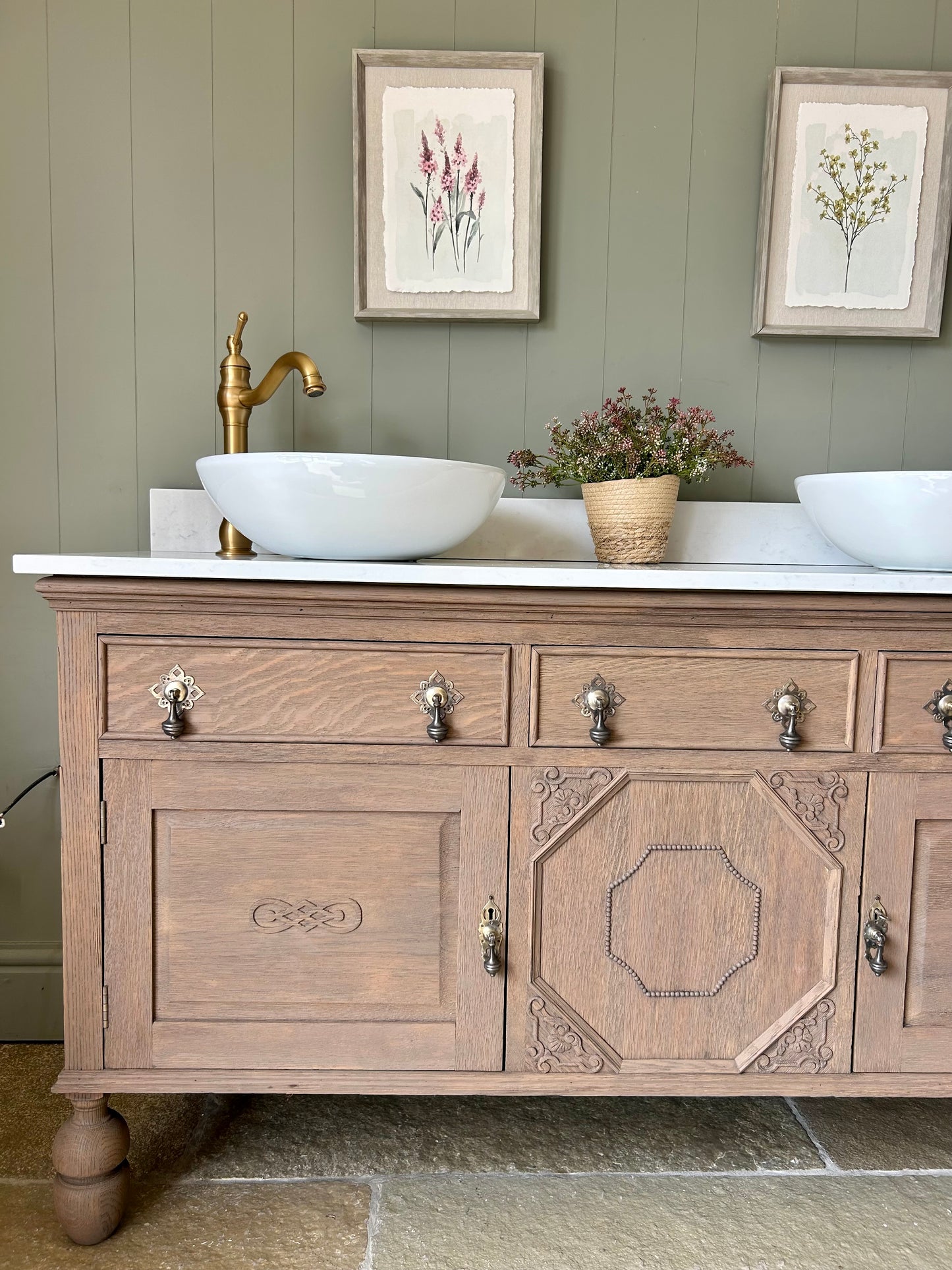 Vintage Solid Oak Double Vanity Sink in a Mid Warm Oak. Quartz top, Upstand and two basins. (155.5cm wide)