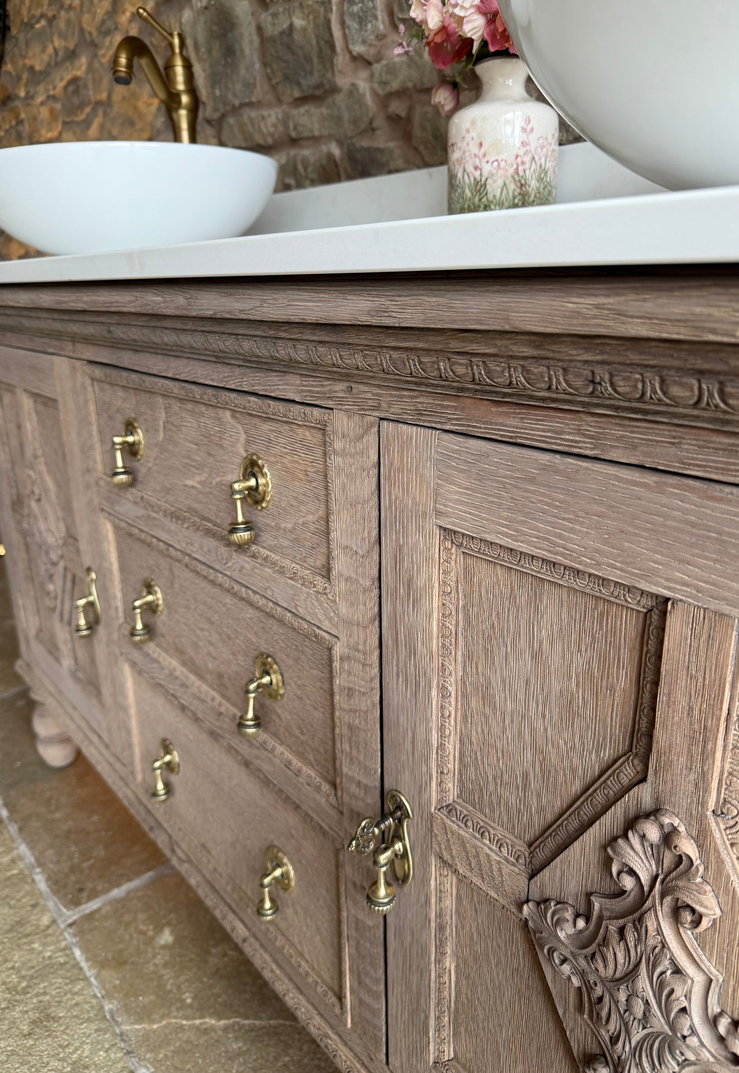 Vintage Solid Oak Double Vanity Sink, Carrara Quartz Top, Upstand and Two Basins