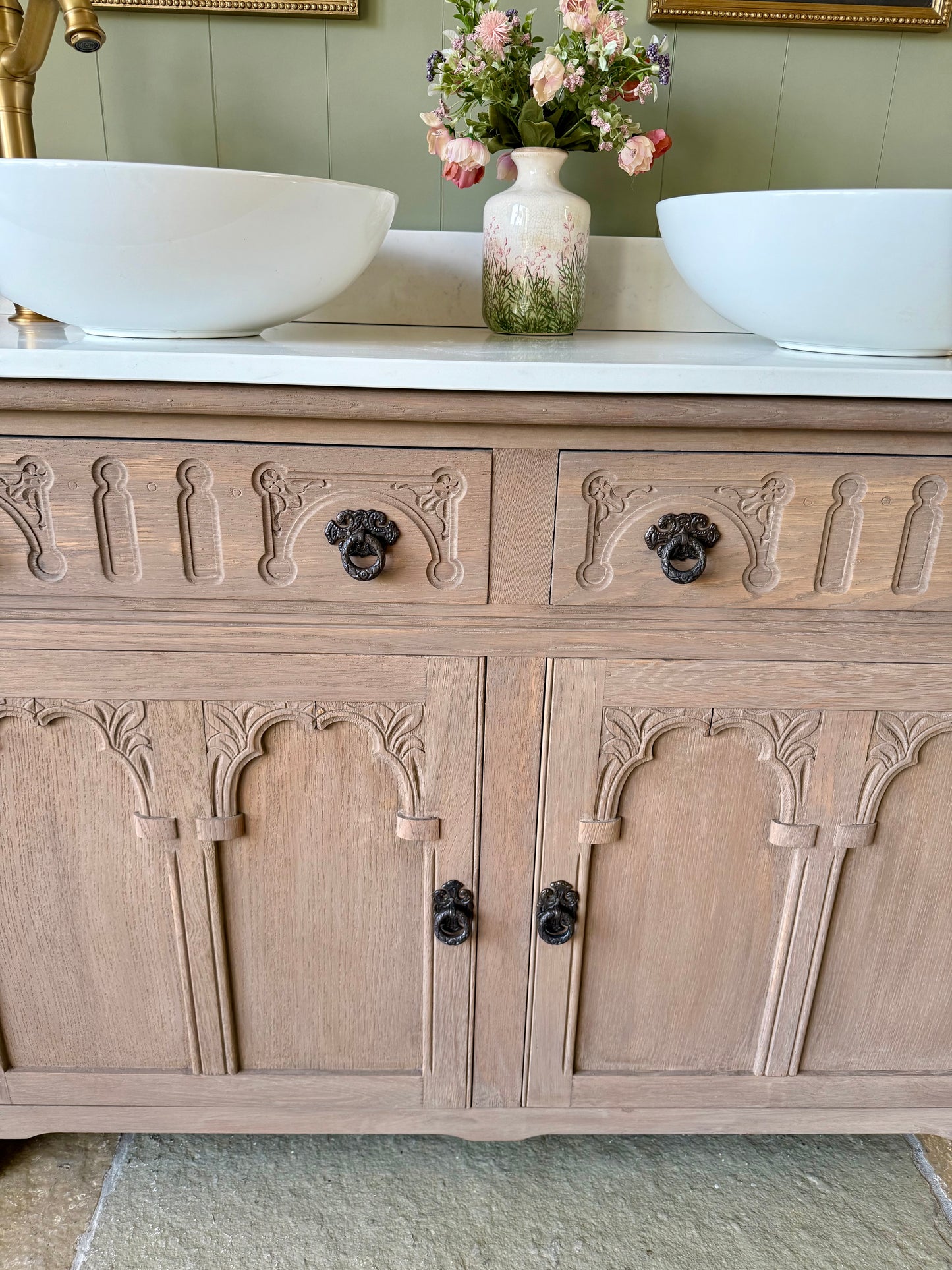 Beautiful Oak Vanity Sink, Carrara Quartz top, Upstand and two basins. (128 cm wide)