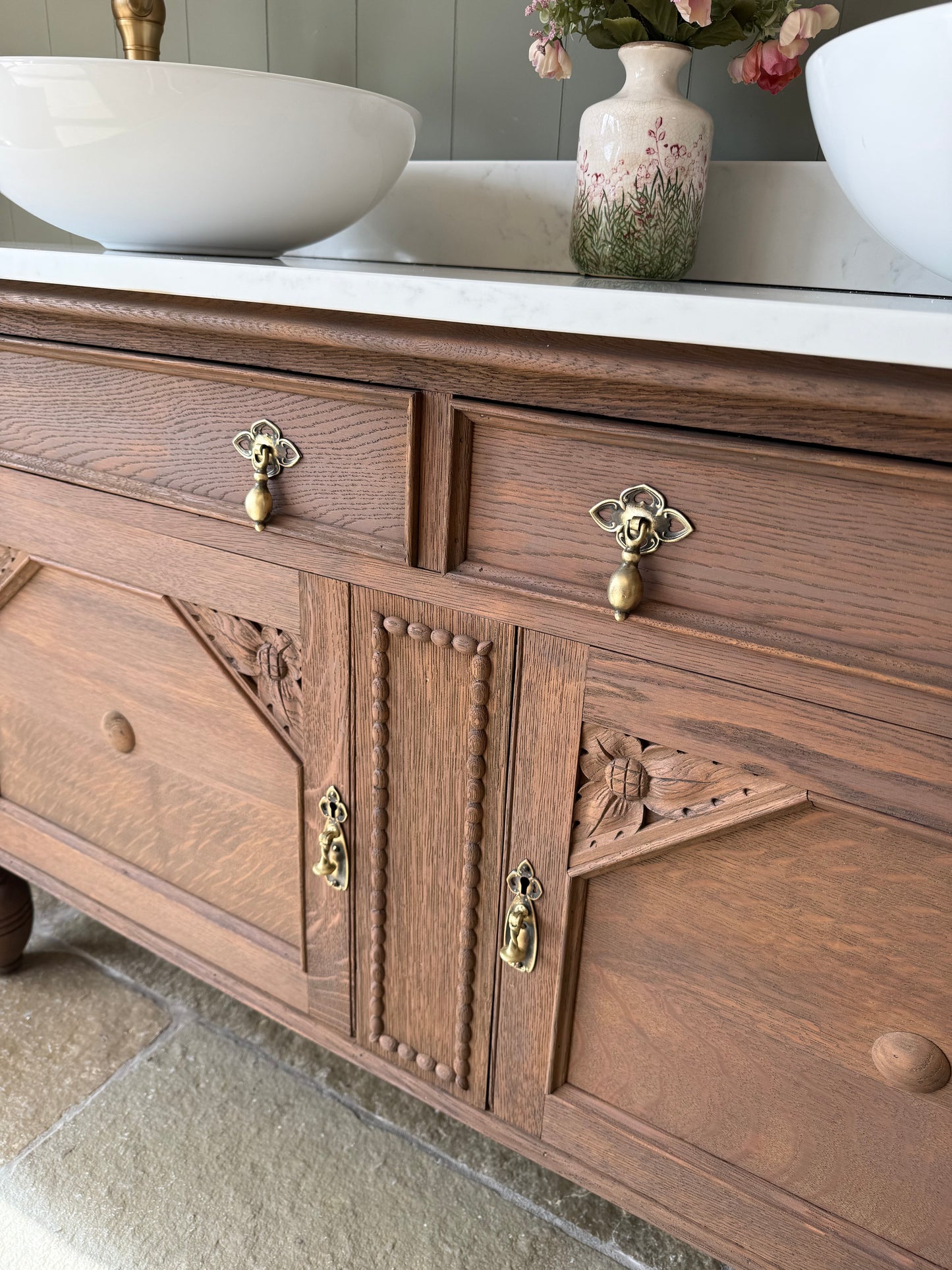 Beautiful Vintage  Double Vanity, Solid Oak, Carrara Quartz top, Upstand and Two basins.(139cm wide)