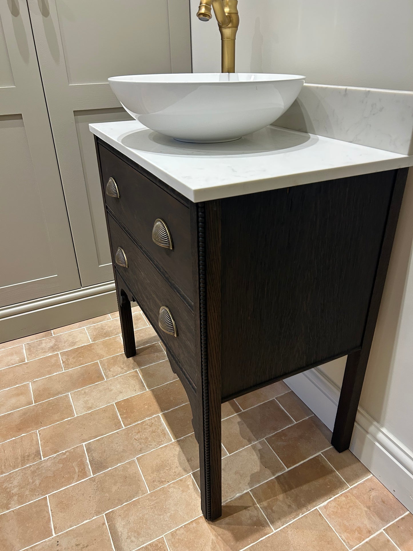 Small Vanity Sink with quartz top, Upstand and countertop basin 69.5cm wide